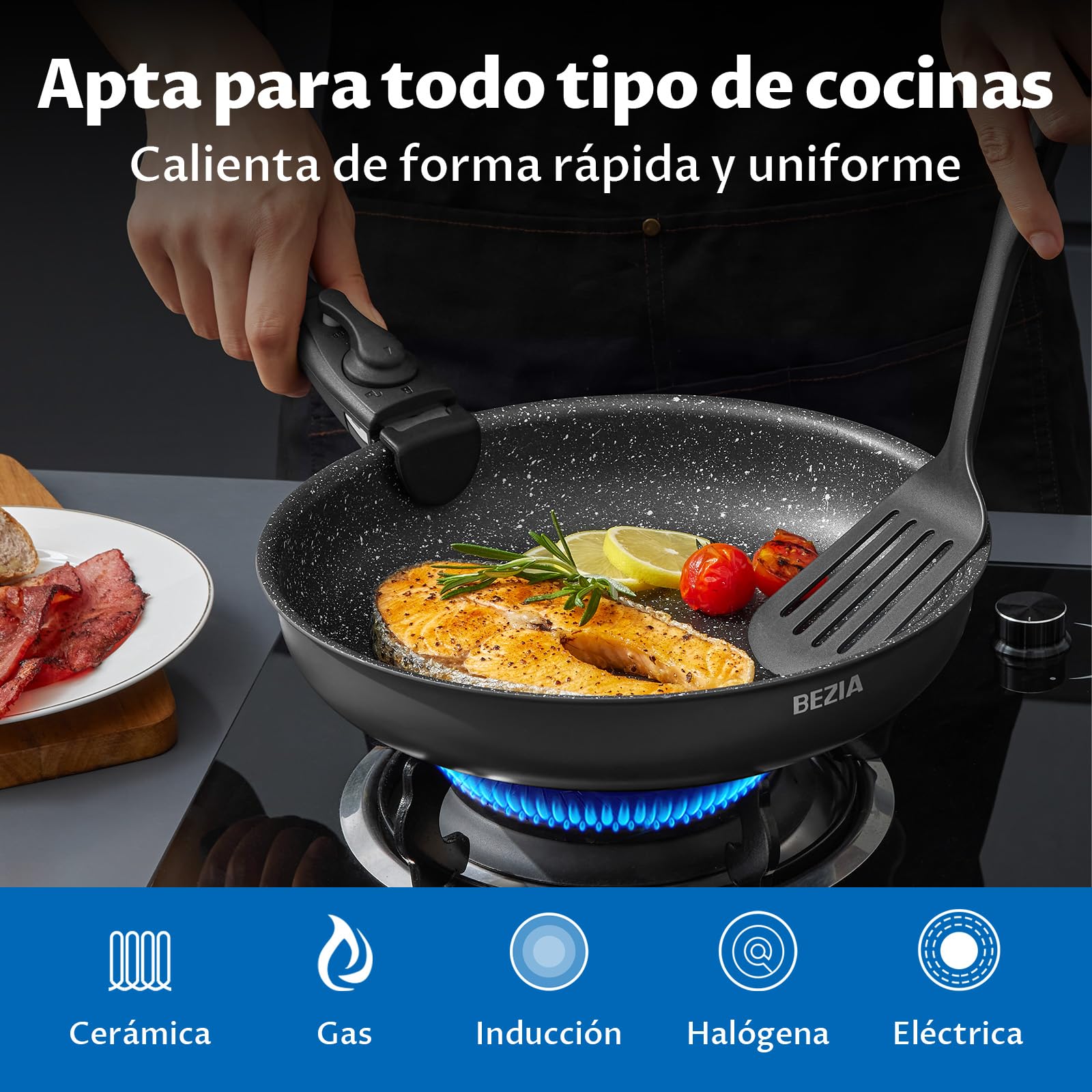 BEZIA Juego de Ollas y Sartenes 10 piezas, Batería de Cocina Antiadherente, Mango Desmontable, No Tóxico Sin PFOA, Apta para Inducción, Gas, Vitrocerámica y Horno, Apilable, Fácil de Limpiar