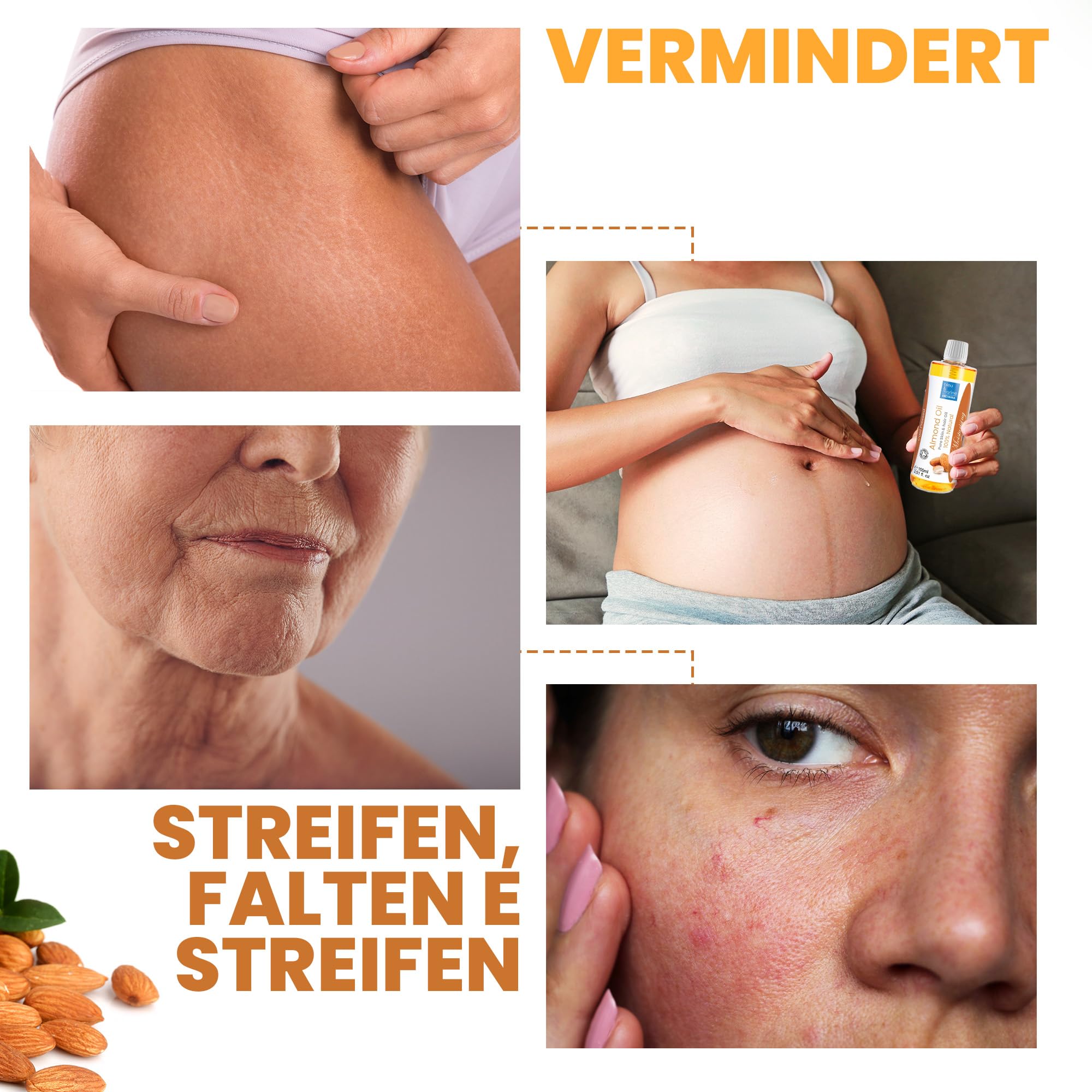 Bleu & Marine Bretania - Natürliches Mandelöl kaltgepresst 10000ml | Unraffiniert, GVO-frei | Schwangerschaftsstreifen-Vorbeugung | Make-up-Entferner | Haar-Reparatur, Orange