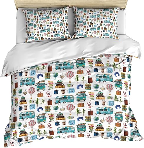Juego de ropa de cama Camper de 3 piezas, tamaño Queen, camping para bebé y niña, para todas las estaciones, funda de edredón con fundas de