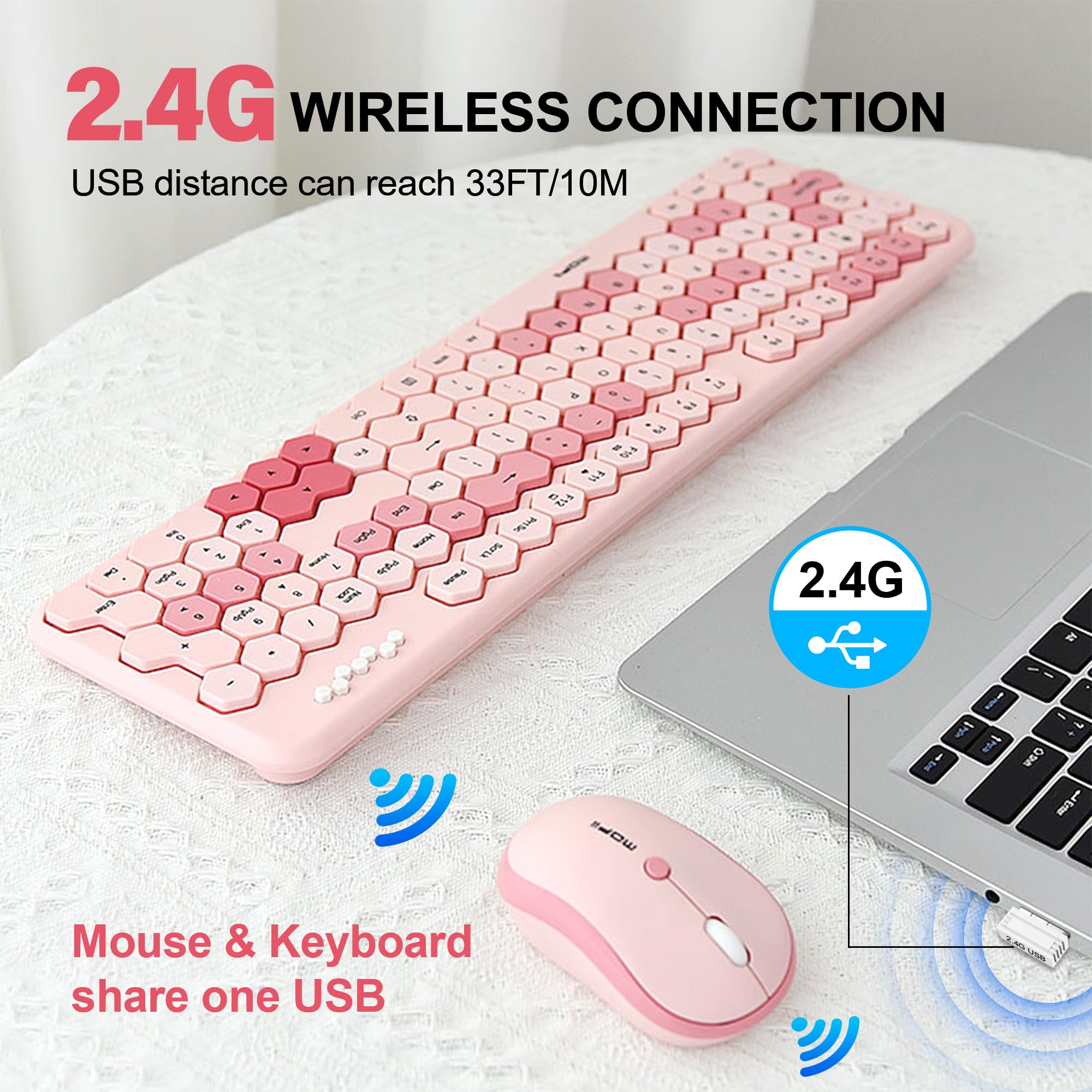Wireless Keyboard and Wireless Mouse Combo, 2.4GHz Honeycomb Shaped 17-inch Full-Size Keyboard, 105 Keys Gaming Keyboard Mouse Set Input Device for Teenagers Laptops, PC Computers Pink