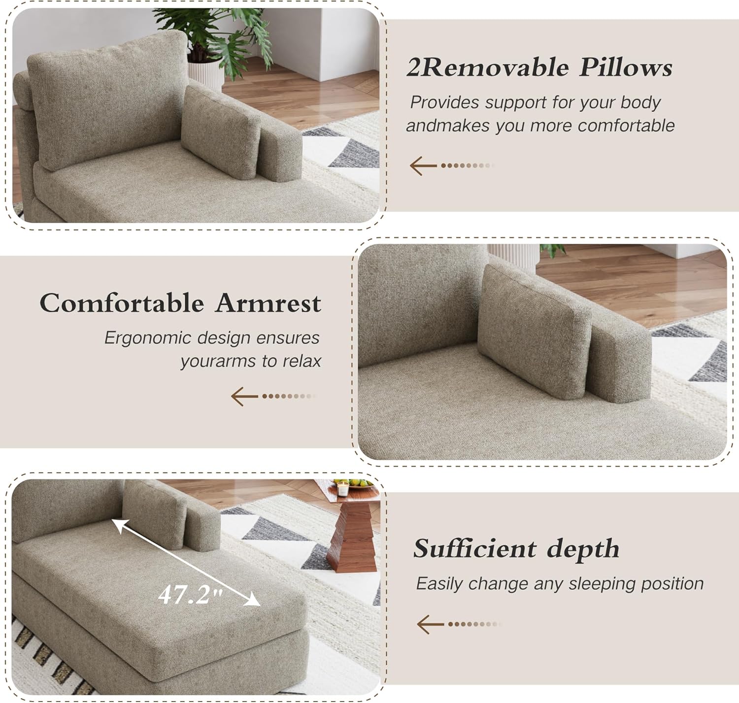 Chifee & Vingol Chaise Lounge with Right Armrest 31.89" Upholstered Modern Lounge Couch Sleeper Sofa with Cushions & Pillows for Living Room Bedroom Reading Nook,Taupe-1