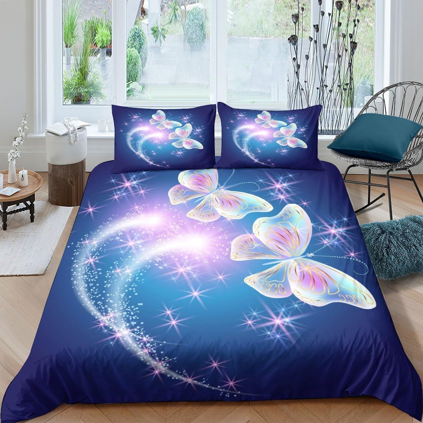 Ctjqhvkz Style-2 3D Printed Blue Butterfly Fitted Sheet Microfiber Soft Bedroom Decor Shimmer Night Sky Bed Cover For Home Dorm Mattress Protection Single（135X200cm）