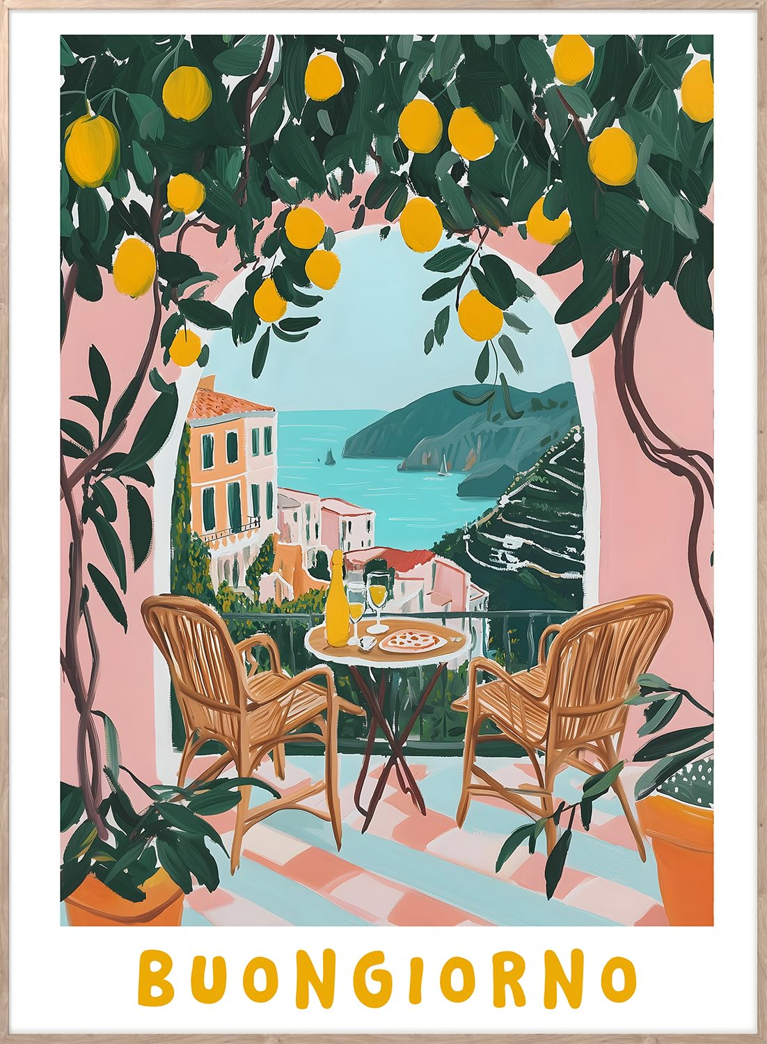 STYLER Bild Buongiorno 50x70 cm mit Holzrahmen – Italienisches Balkon-Motiv mit Zitronen – Lebendig Modern Minimalistisch Wandbild Deko