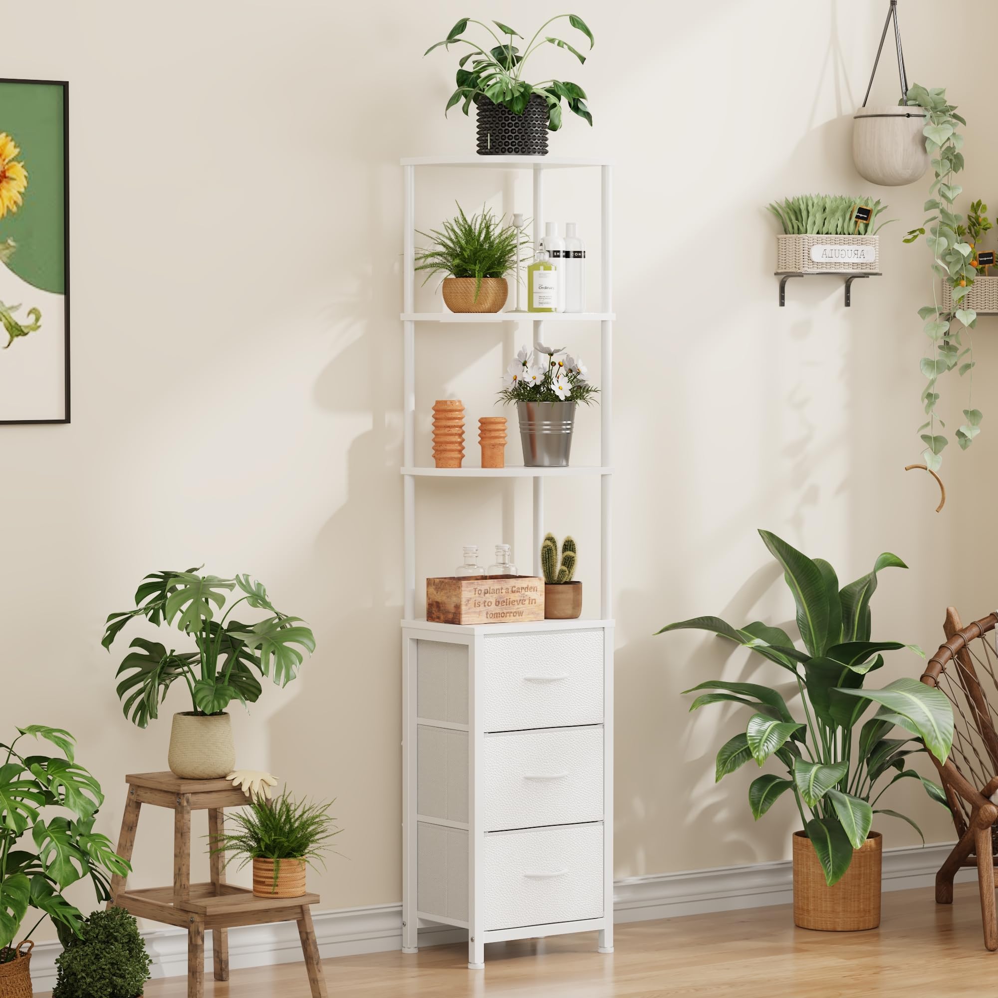 OYRREU Corner Book Shelf with 3 Fabric Drawers, White, 172 CM