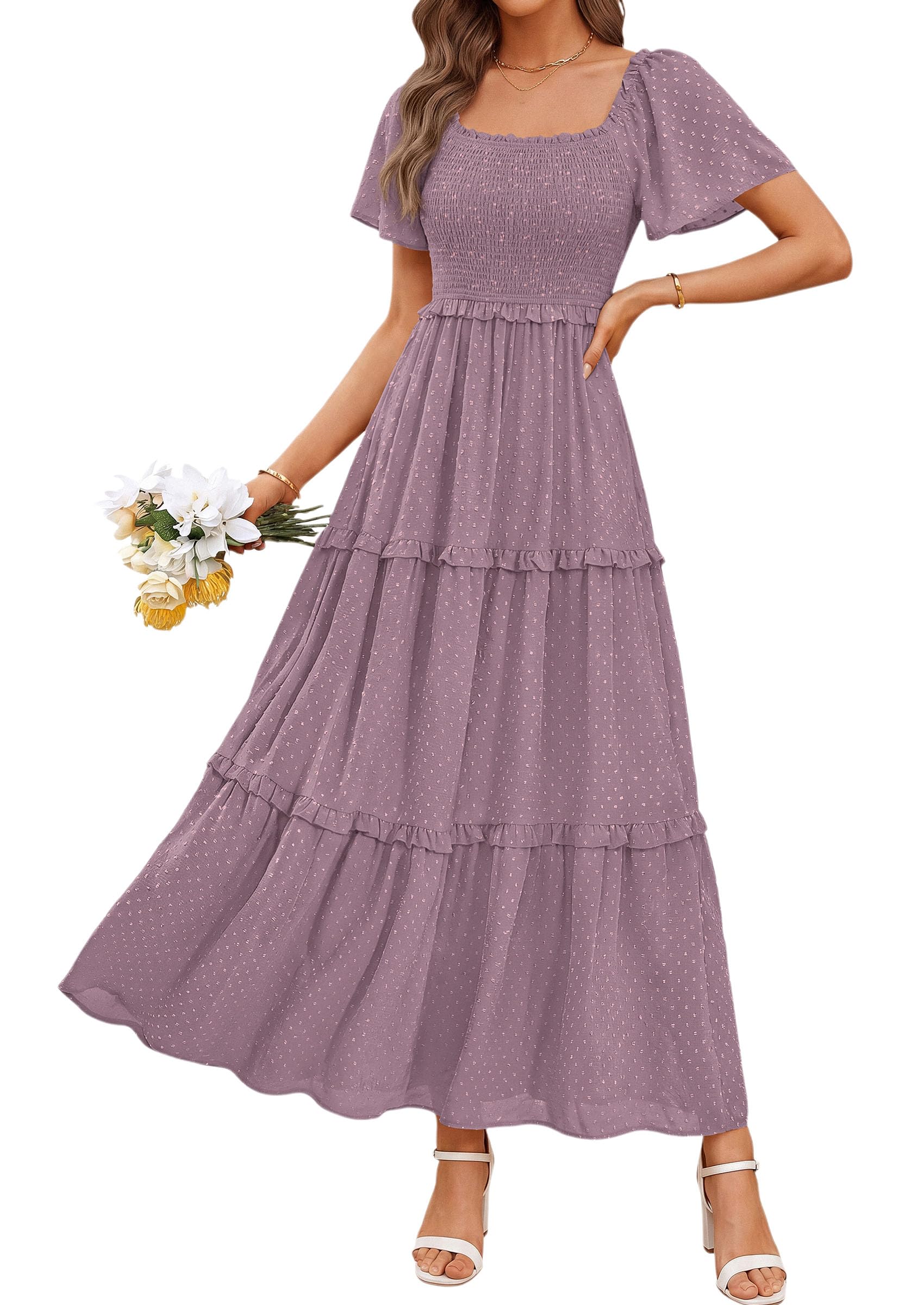 PRETTYGARDEN Womens Summer Dresses 2026 Boho Maxi Wedding Guest Smocked Square Neck Spring Short Sleeve Swiss Dot Long Dress