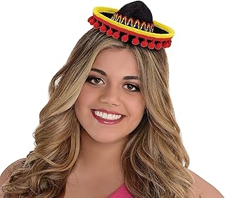 amscan Cinco De Mayo Fiesta Party Black Spanish Hat with Red Ball Fringe Headband Accessories, Plastic, 8