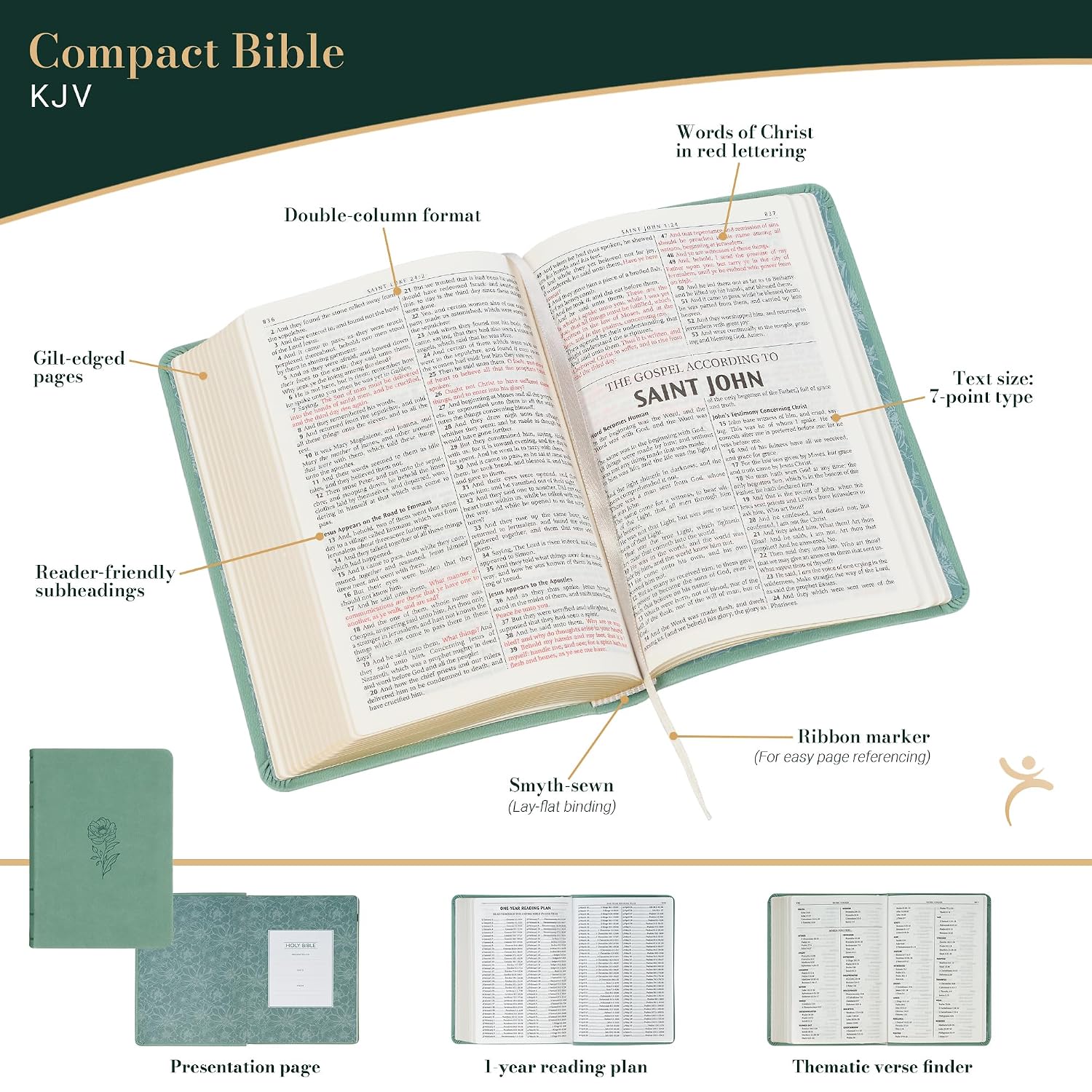 KJV Holy Bible, Compact Vegan Leather Red Letter Edition - Ribbon Marker, King James Version, Teal (KJV Compact Editions)