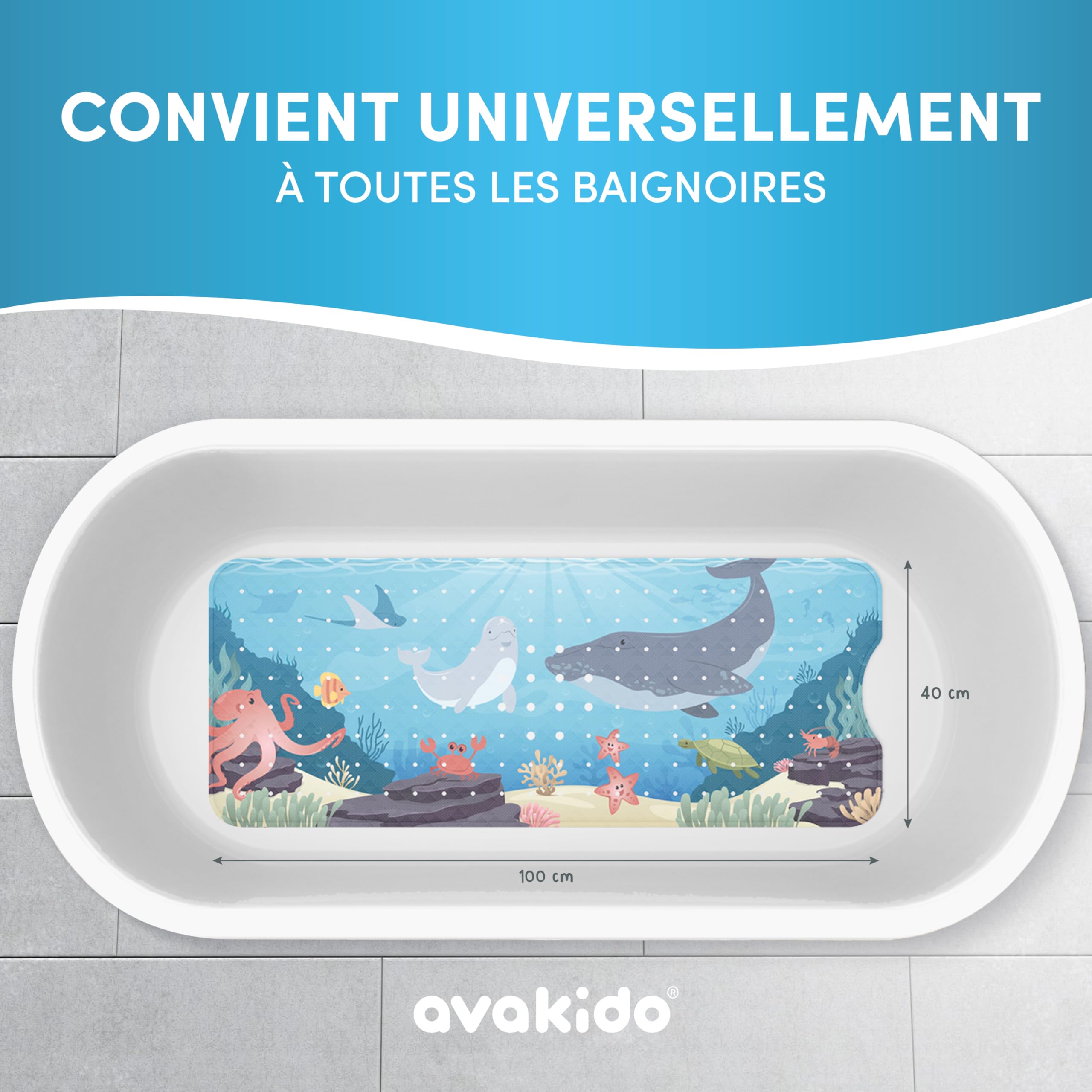 Tapis De Douche Antidérapant Enfants 53x53cm Avakido - Lavable Machine Avec Crochets
