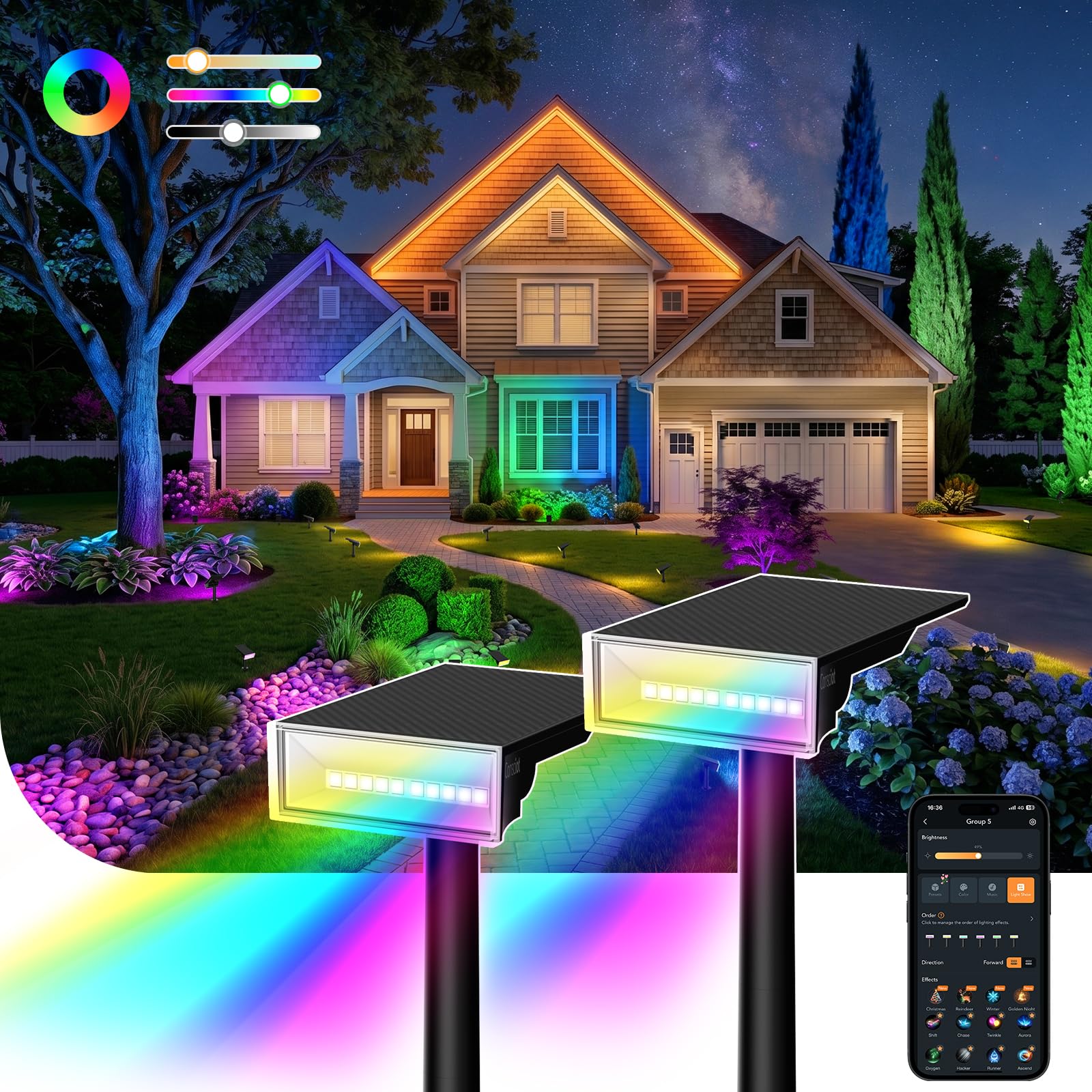 1800K-6500K White, App Control, Music-Reactive, Group Control, Landscape Solar Spotlights for Garden Yard Lawn Tree Consciot Smart Solar Spot Lights Outdoor, RGBTW Halloween Lights, 2 Pack