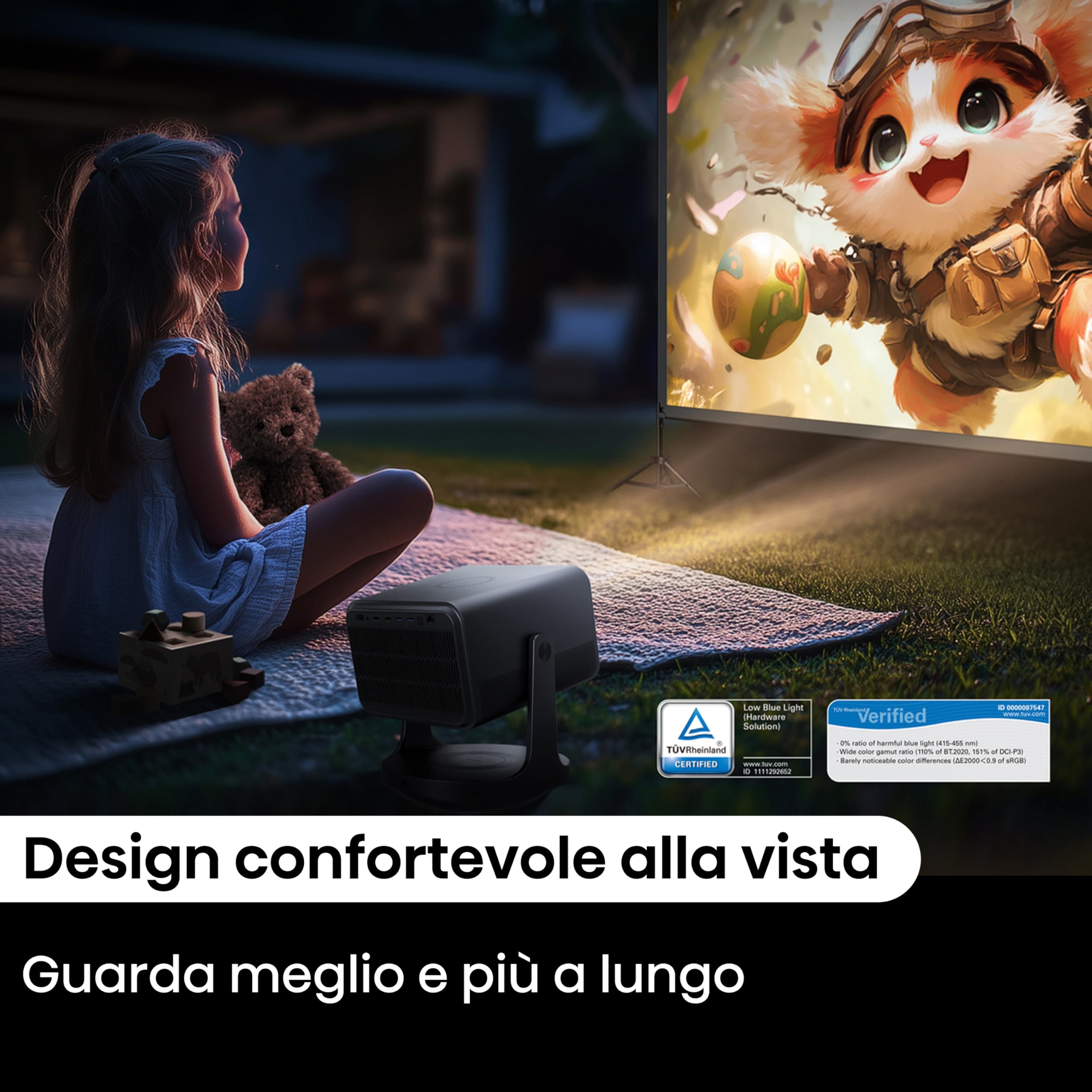 Hisense Smart Mini proiettore C2, 65-300" 4K, 2000 ANSI lumen,Risoluzione 4K, Dolby Vision, HDR10+, Smart TV VIDAA U7.6, 20W audio JBL integrato