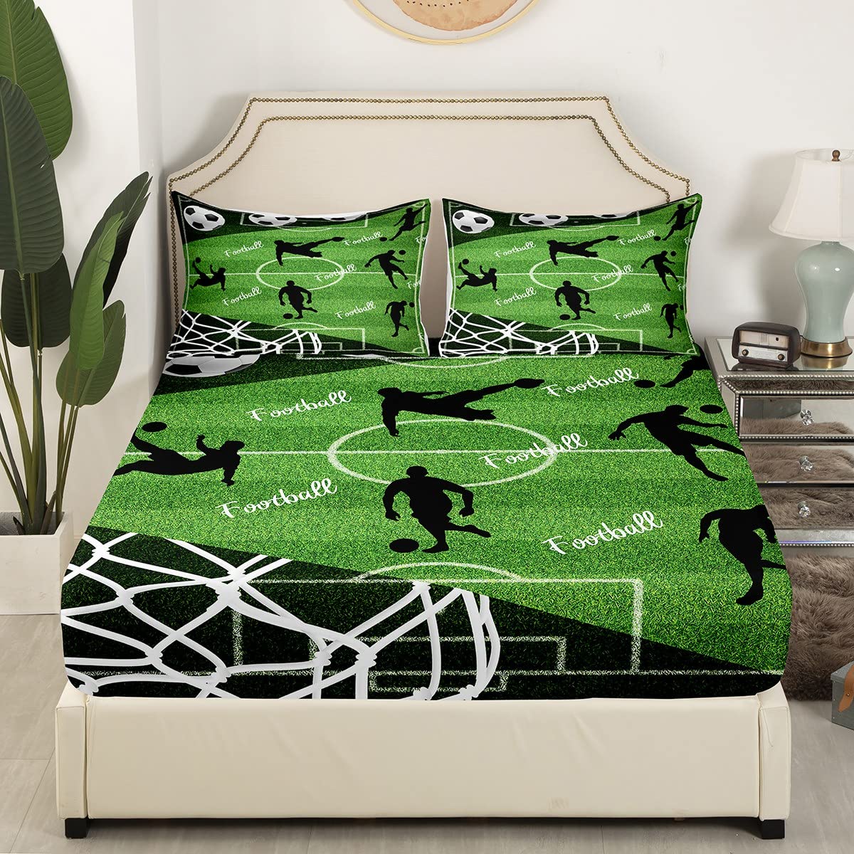 Homewish Soccer Kids Fitted Sheet Full Size,Football Field Player Silhouette Bedding Set,Girls Boys Adults Bedroom Decor,Ball Sports Game Modern Bed Cover,Green Stylish Bed Sheet,3pcs,2 Pillowcases
