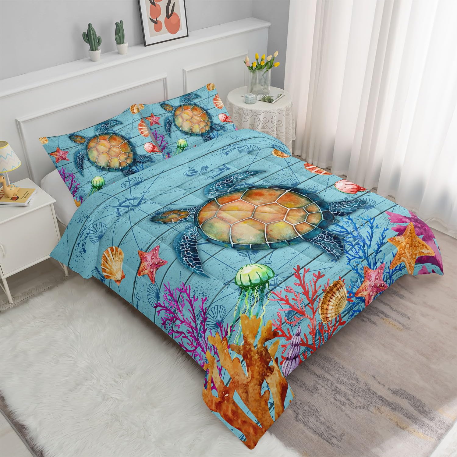 Datura home Sea Turtle Bedding Comforter Set Sea Turtle Ocean Beach Printed Pattern Bedding Set with 1 Comforter and 2 Pillowcases for Boys Bedroom All Season(Sea Turtle Full)