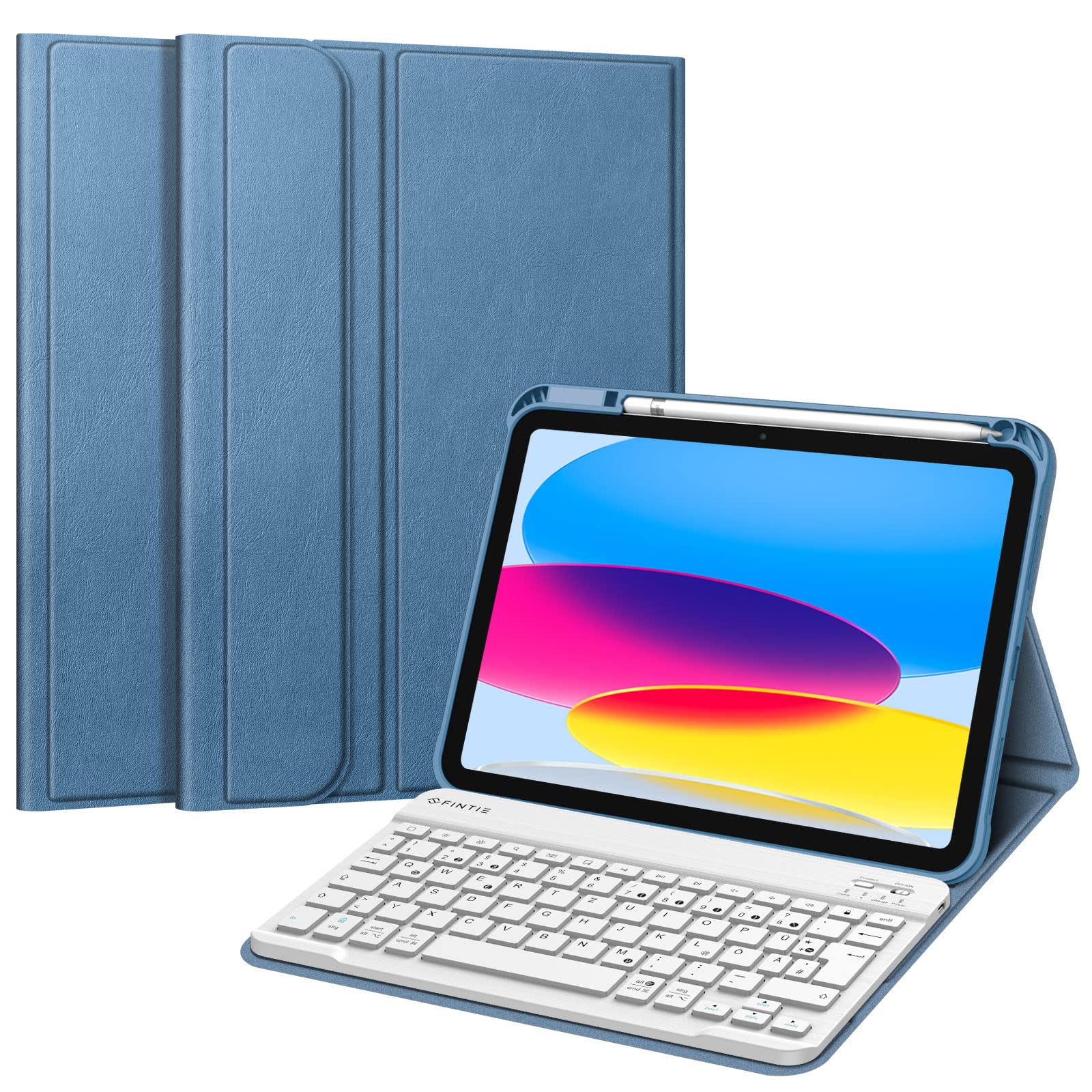 FINTIE Hülle mit Tastatur für iPad (A16) 11/10 Generation (2025/2022, 11/10.9 Zoll), Schutzhülle mit Stifthalter, Soft TPU Rückschale und magnetisch Abnehmbarer Keyboard, QWERTZ Layout, Dunstblau