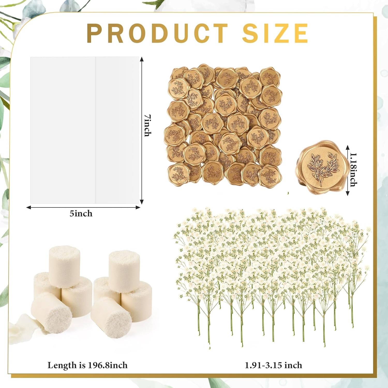 Fuyoooo 50 Sets Wedding Invitations Wraps Set Pre Folded Vellum Jackets for 5 x 7 Invitations Self Adhesive Gold Wax Seal Stickers Dried Baby's Breath Flowers Chiffon Silk Ribbon for Craft DIY
