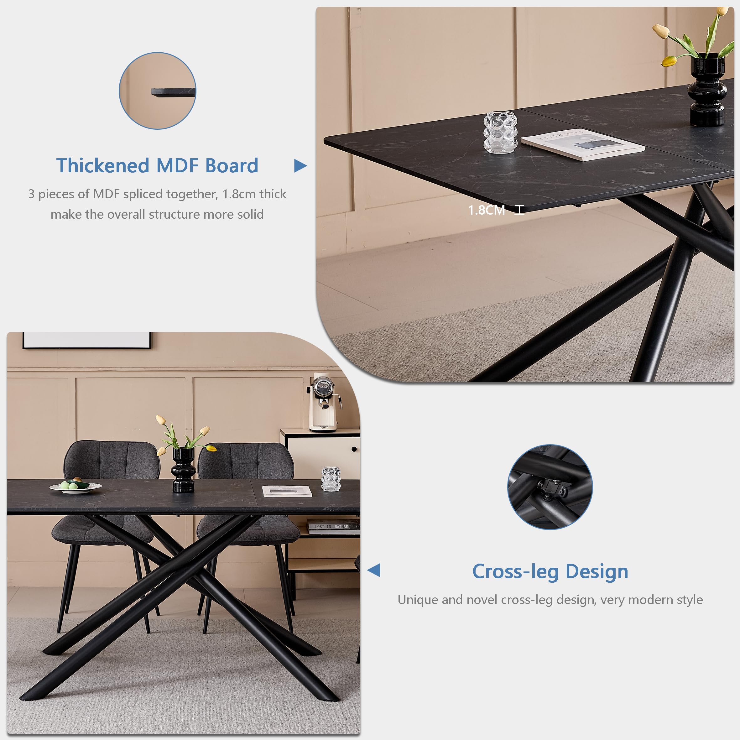 Tavolo da pranzo rettangolare, tavolo da cucina moderno, piano in MDF giuntato 180x90cm, gambe a croce in metallo, può ospitare 6-8 persone (imitazione marmo nero)