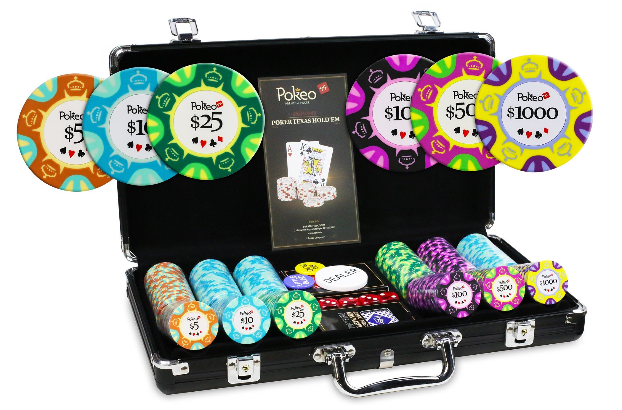 Mallette Poker 300 Jetons Deluxe - Set de 300 jetons de Poker 14g+Mallette Aluminium Noir+2 Jeux de Cartes 100% Plastique+Bouton Dealer