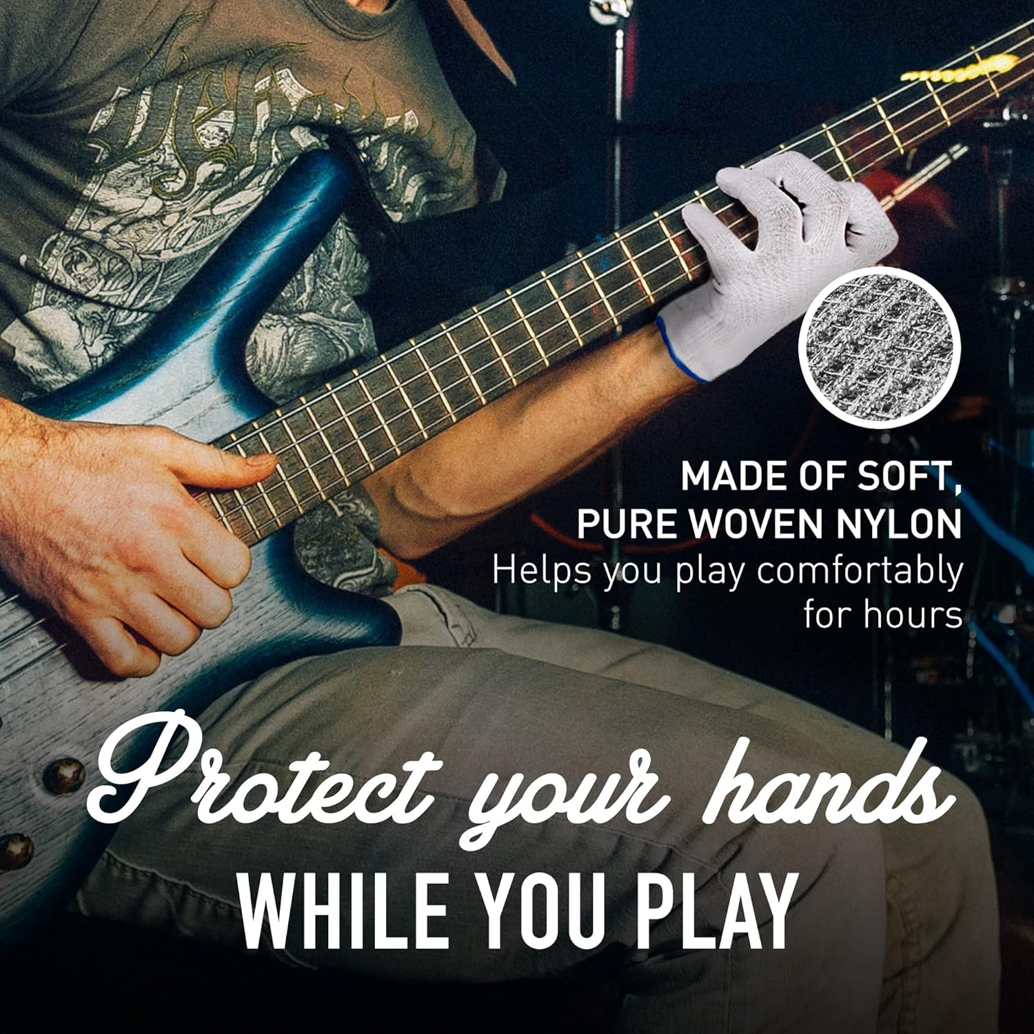 Musician's Practice Glove - 2-Pack Guitar Gloves for Men and Women, Fingertip Protectors for Playing String Instruments, Hand Issues and More, Nylon Thin Gloves for Indoor/Outdoor Gigs, Large, White