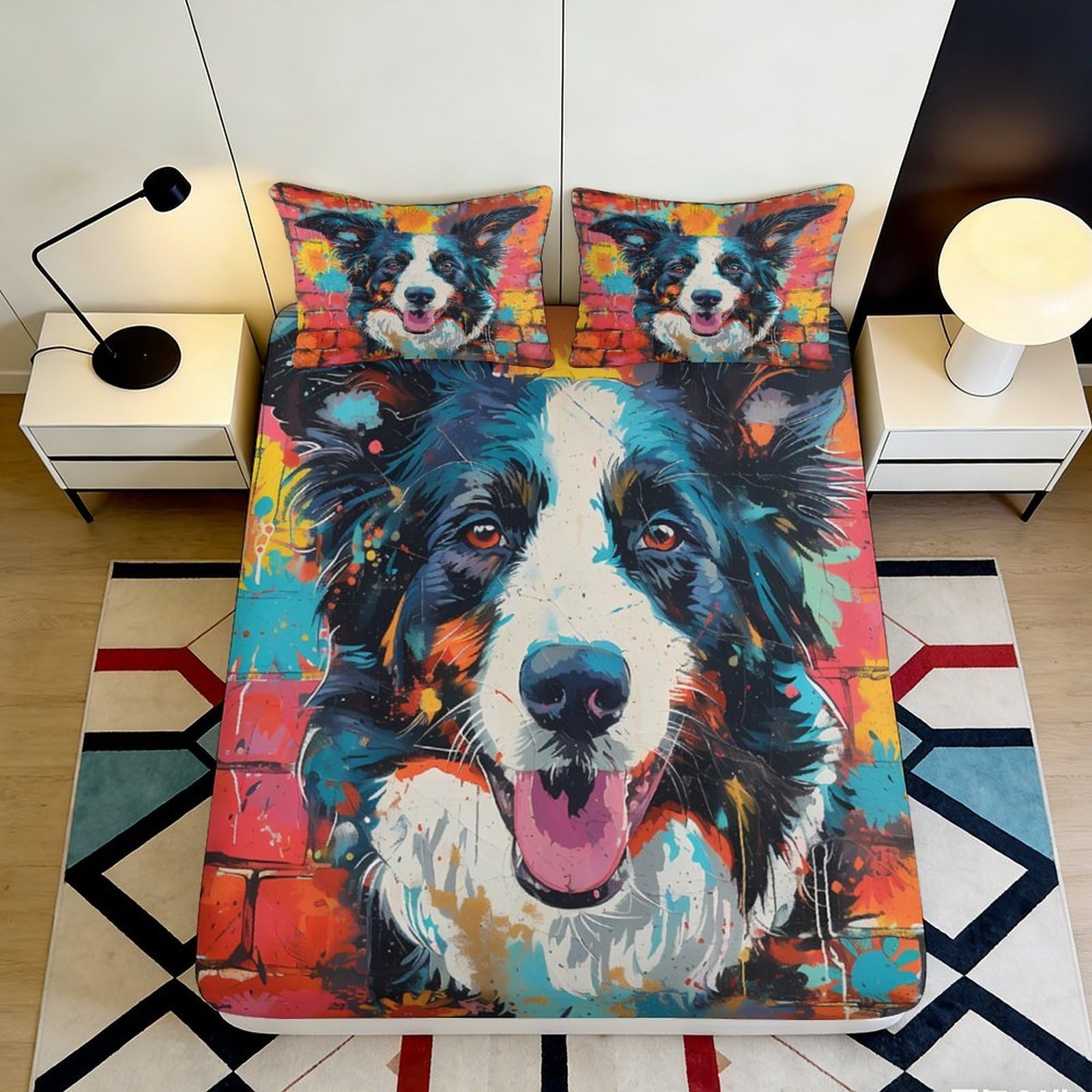 Wtorimpel Style-6 3D Printed Colourful Dog Fitted Sheet Microfiber Deep Pocket Non-Slip For Home Bedding Colourful Dog Mattress Fitted Cover Washable 90X200x25cm