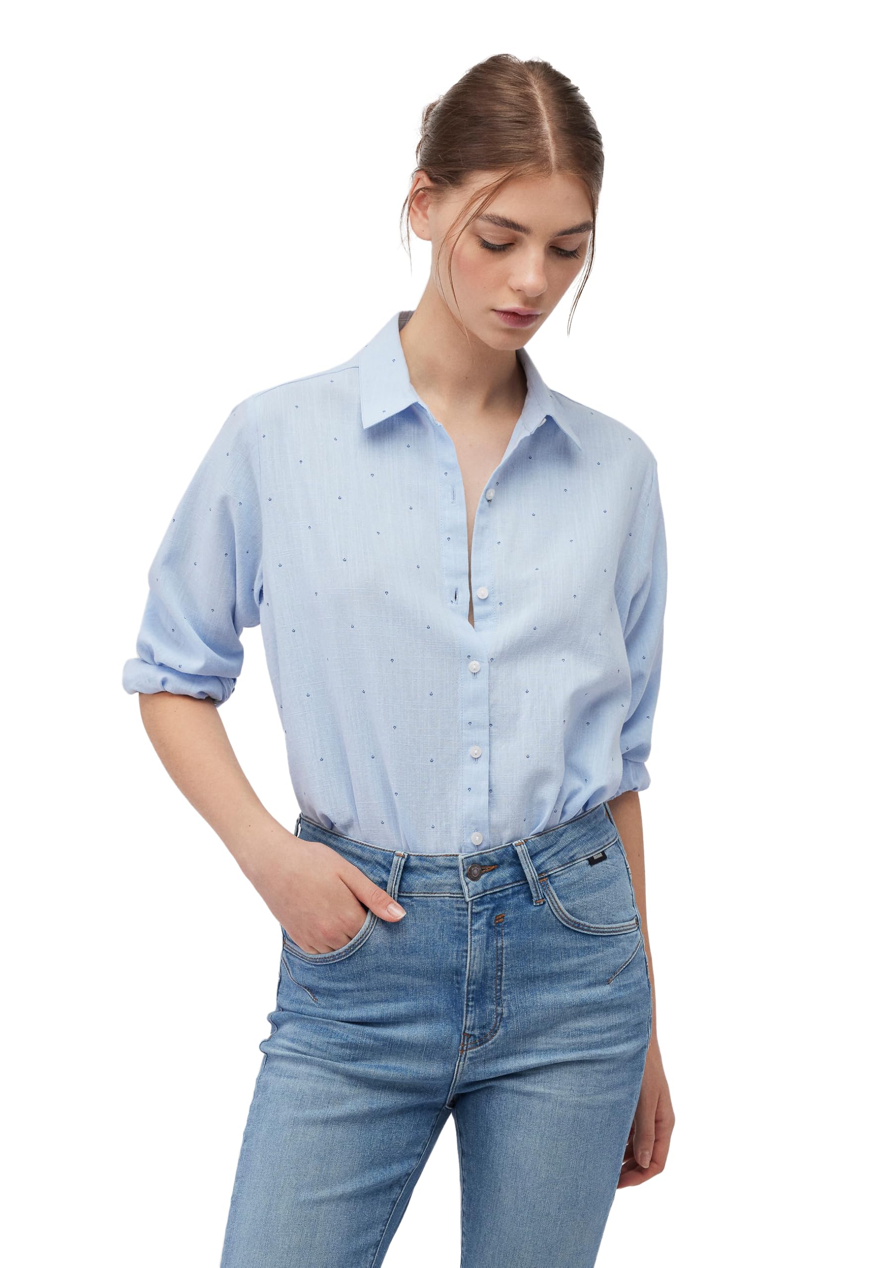 Mavi Women's Woven Shirt Blouse, Ensign Blue Tiny Leaf Print, L, Ensign Blue Tiny Leaf Print, L