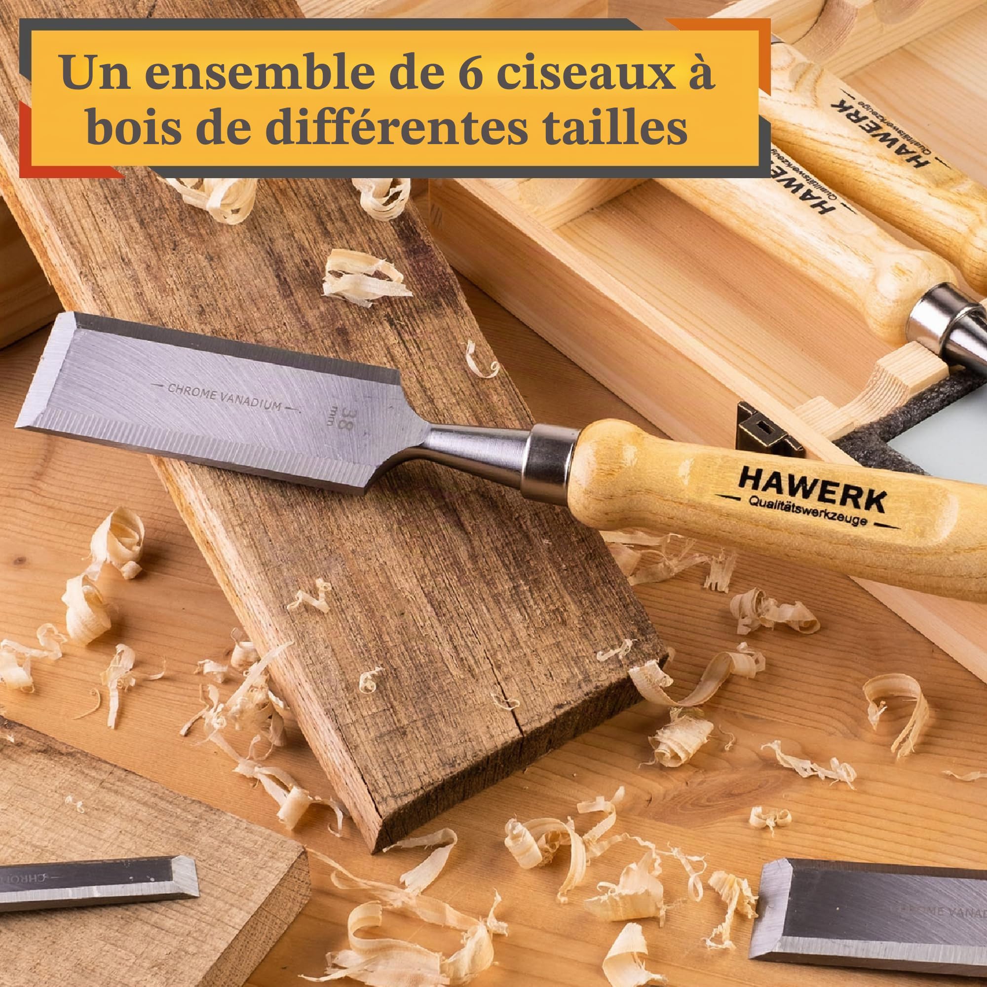 Jeu de ciseaux à bois, comprend 6 ciseaux, 2 pierres à aiguiser et un coffret, pour débutants et professionnels, convient au travail sur du bois