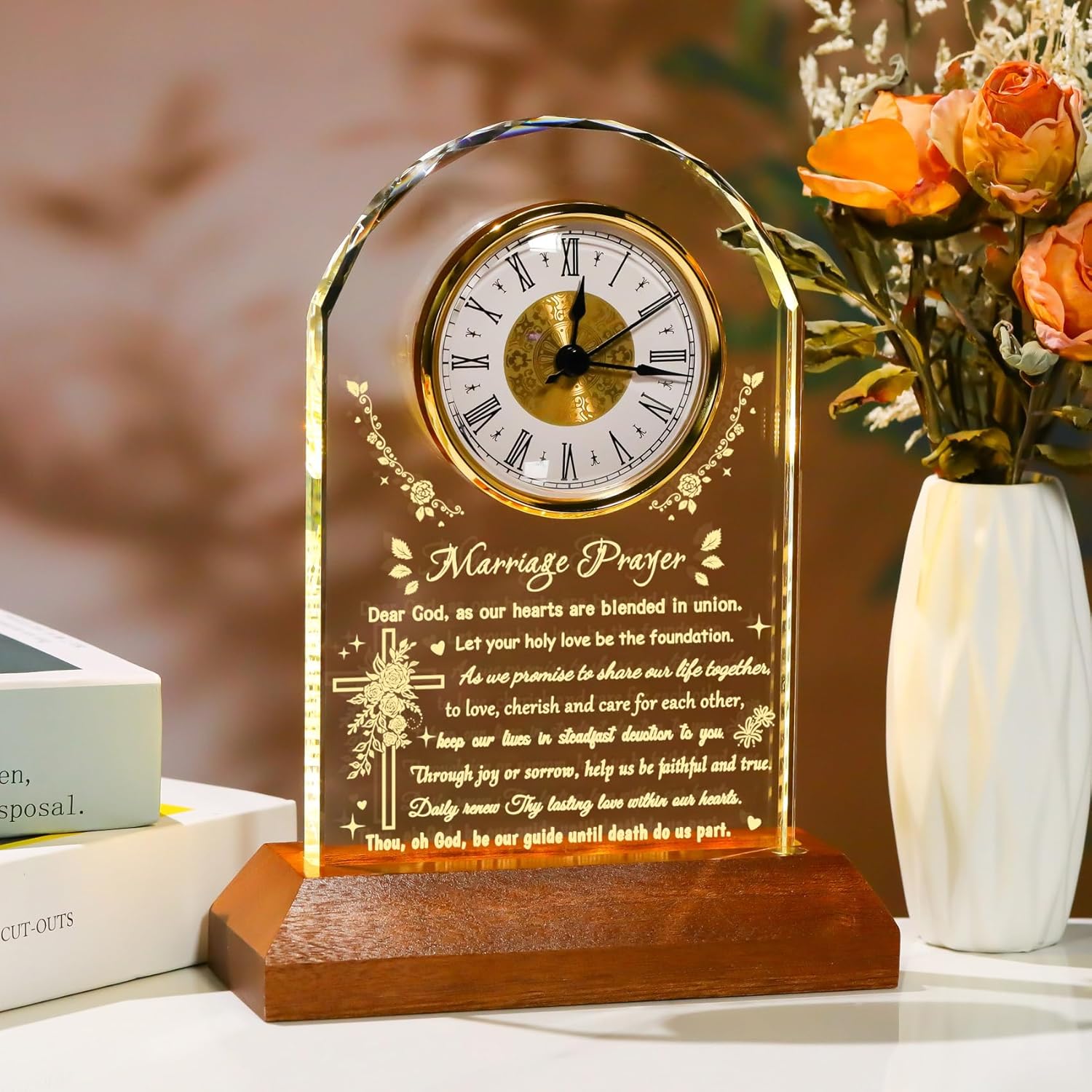 YWHL Marriage Prayer Wedding Gifts for Couples, Glass Clock with Wooden Light Base, Romantic Engagement Gifts for Bride and Groom, Newlywed Mr and Mrs Bridal Shower Gift(Battery not Included)