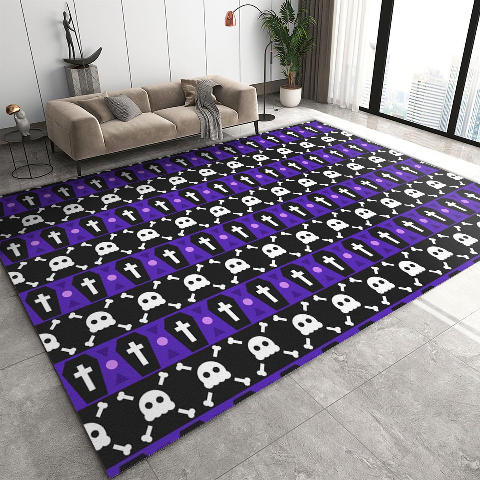 FIEMAR Area Rug 50 x 80 cm Black Tombstone White Skeleton Children's Room Rugs, Black Purple Stripe Geometric Home Decor Carpet Foldable with Non-Slip Bottom for Halloween Living Room Dining Room