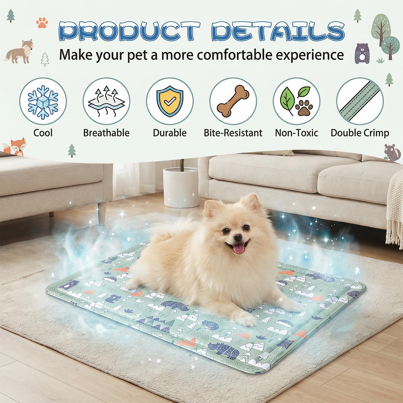 Ninonly Tapis Rafraîchissant Chien 50x65cm Tapis Rafraichissant Chien en Gel Non Toxique Coussin Refroidissant Alèse Imperméable Anti-Rayures pour Lit, Voiture, Canapé Motif Animaux