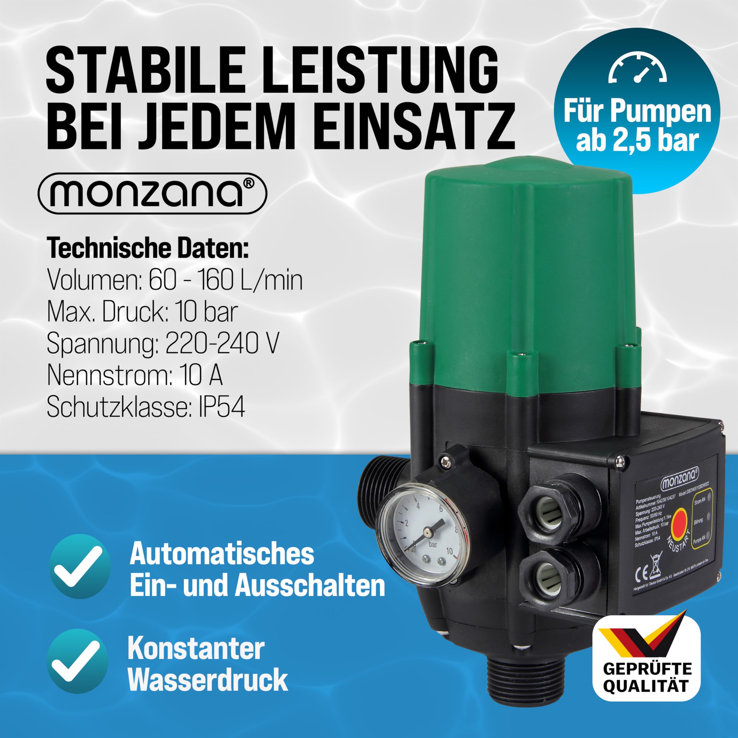 MONZANA® Pumpensteuerung Trockenlaufschutz 10 bar Druckschalter Hauswasserwerk Pumpendruckregler Pumpenschalter Druckwächter Baranzeige mit Kabel