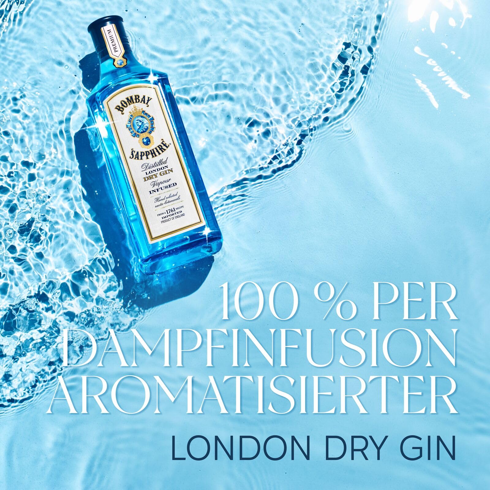 Bombay Sapphire London Dry Gin, 40 Vol-%, 100 cl / 1 L, zu 100% per Dampfinfusion destillierte Spirituose mit 10 erlesenen Botanicals