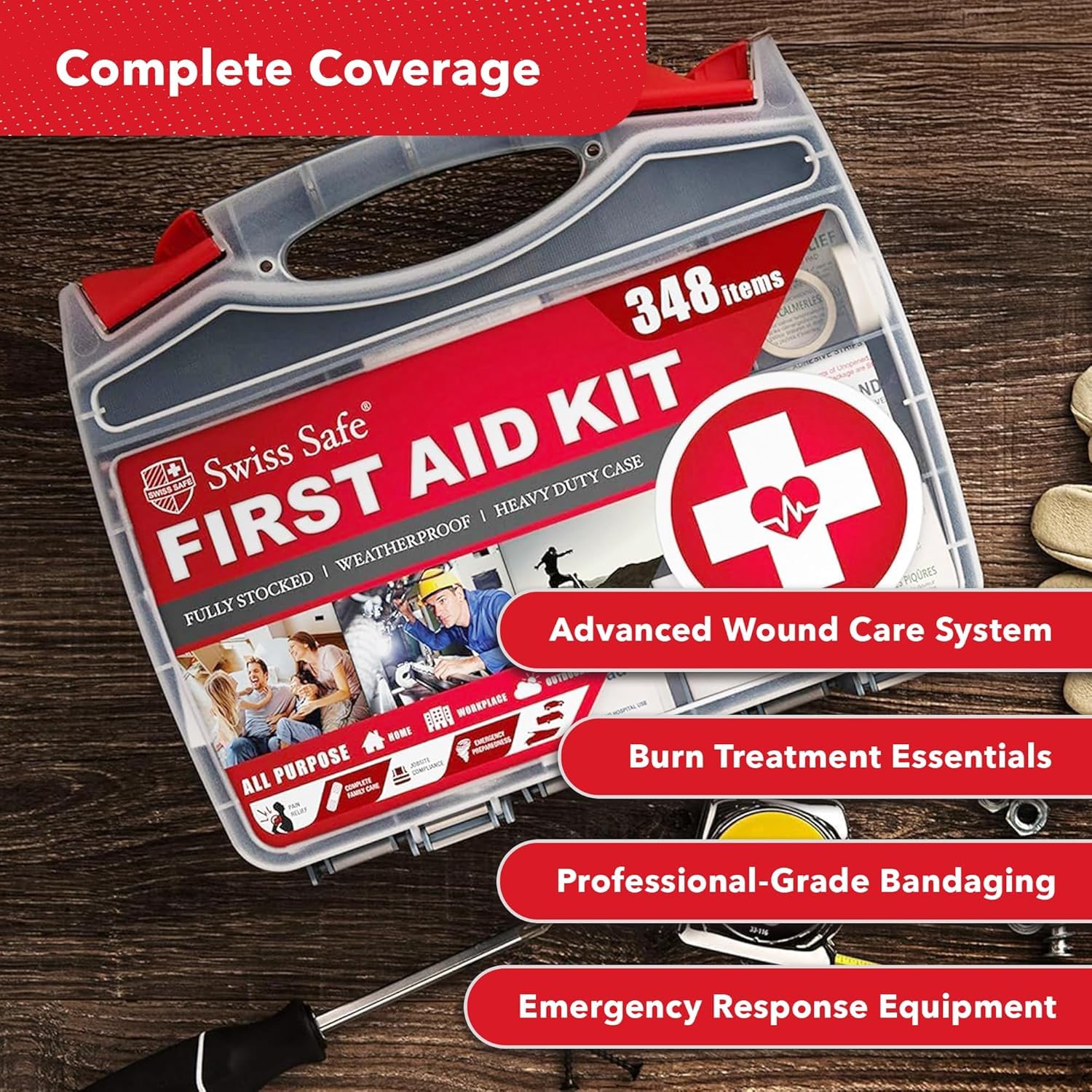 Swiss Safe Kit di pronto soccorso 2 in 1 per auto, viaggi, casa e lavoro, include mini kit per emergenze mediche, campeggio e sopravvivenza all'aperto, 348 pezzi, custodia rigida grande, confezione da