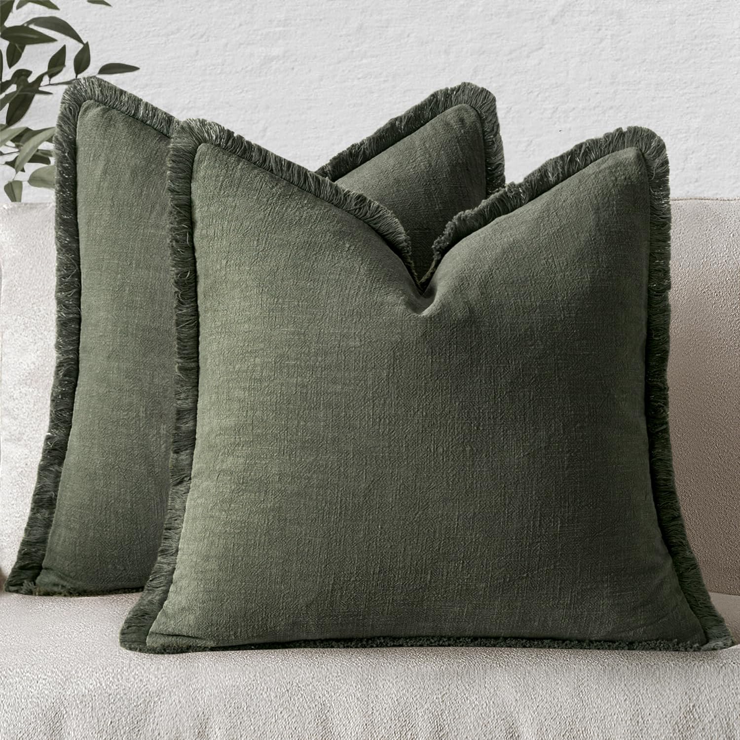 MIULEE Boho Linen Fringe Decorative Throw Pillow Covers Rifle Green 18x18