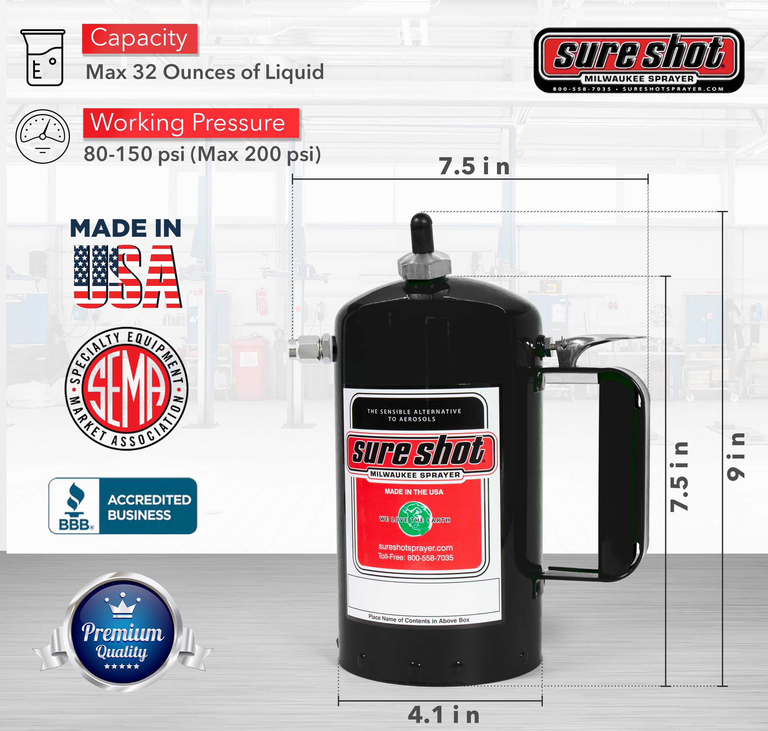 Sure Shot A1002B Sprühgerät aus emailliertem Stahl, tragbarer Druckluftsprüher für öl- und lösungsmittelbasierte Materialien, langlebige Konstruktion mit verstellbaren Messingdüsen, hergestellt in den