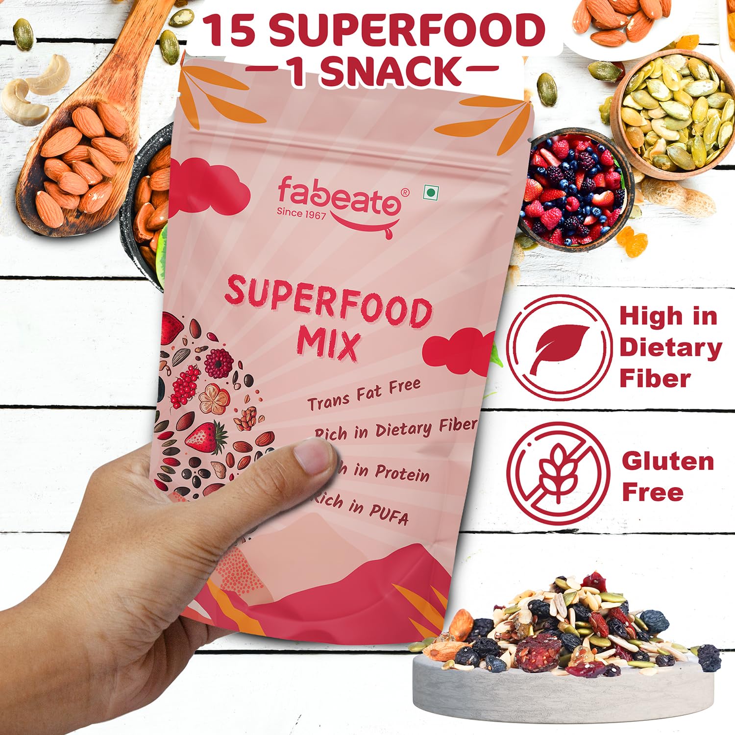 Fabeato 15-In-1 Premium Superfood Mix 200g |Trail Mix |Nuts, Dry Fruits, Seeds and Berries | Rich in Dietary Fiber, Rich in Protein|Trans Fat free|Rich in PUFA 2