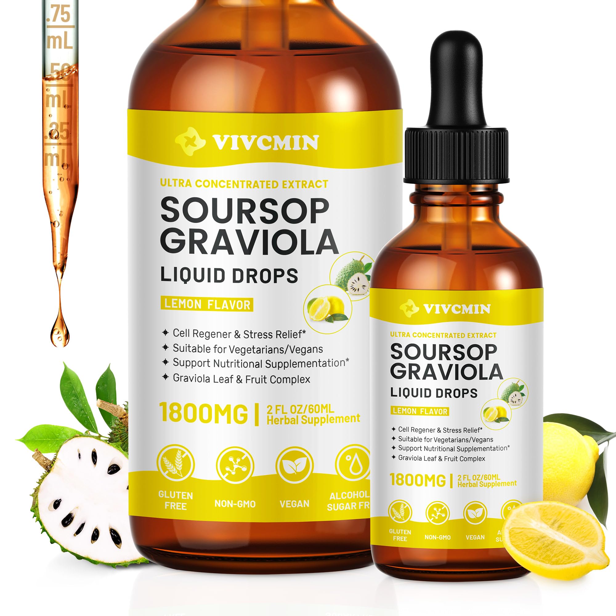 Graviola Soursop Leaf Extract Liquid - Soursop Bitters Liquid, Immune Boost, Relax, Liver and Sleep, Vegan, Sugar & Gluten Free, 98% Absorption Rate, Lemon Flavor, 2 Fl Oz