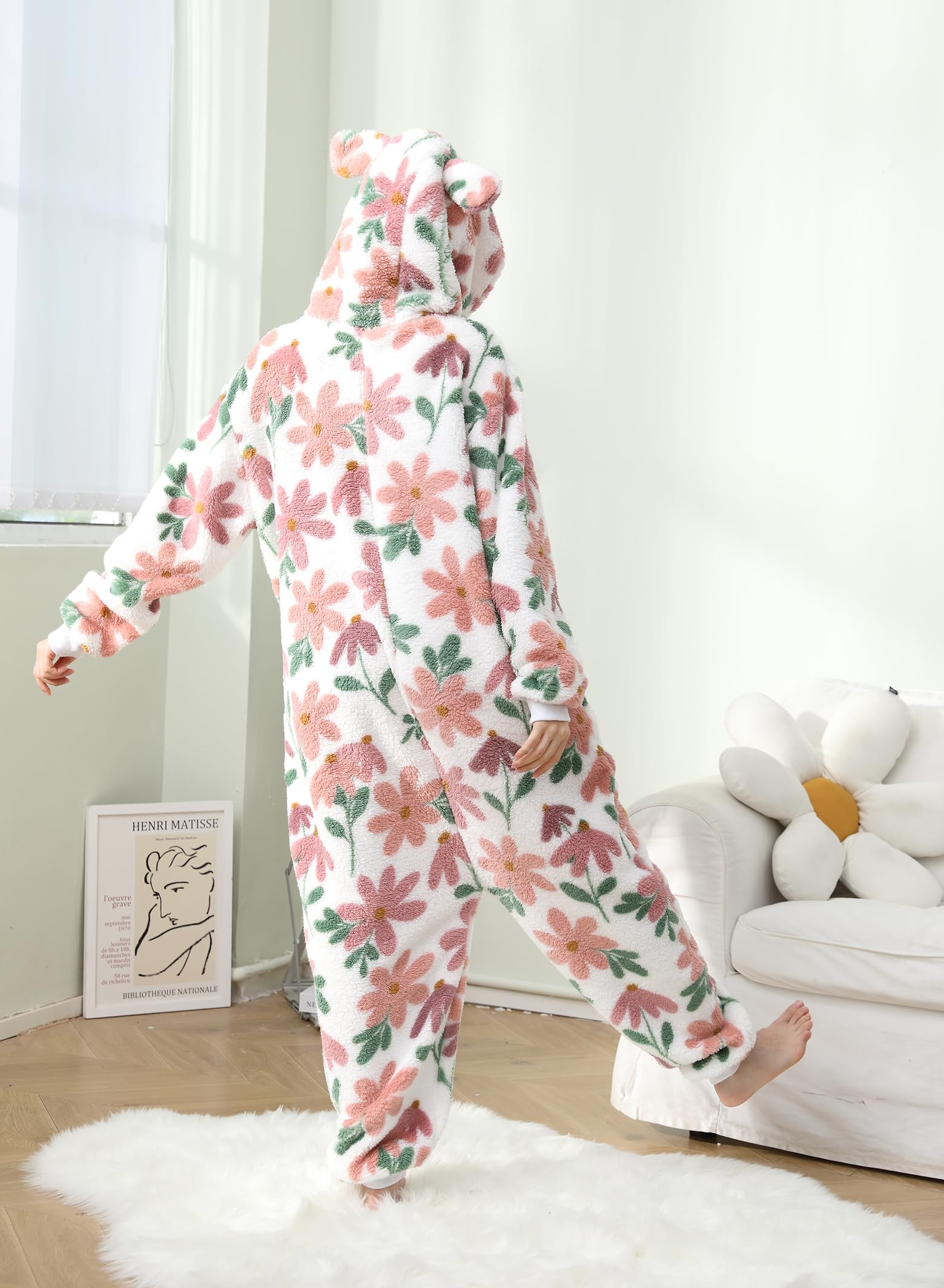 Pijama mullido con capucha para mujer, con cremallera, forro polar cálido, estampado de una pieza, ropa de dormir de invierno, ropa de dormir de Navidad