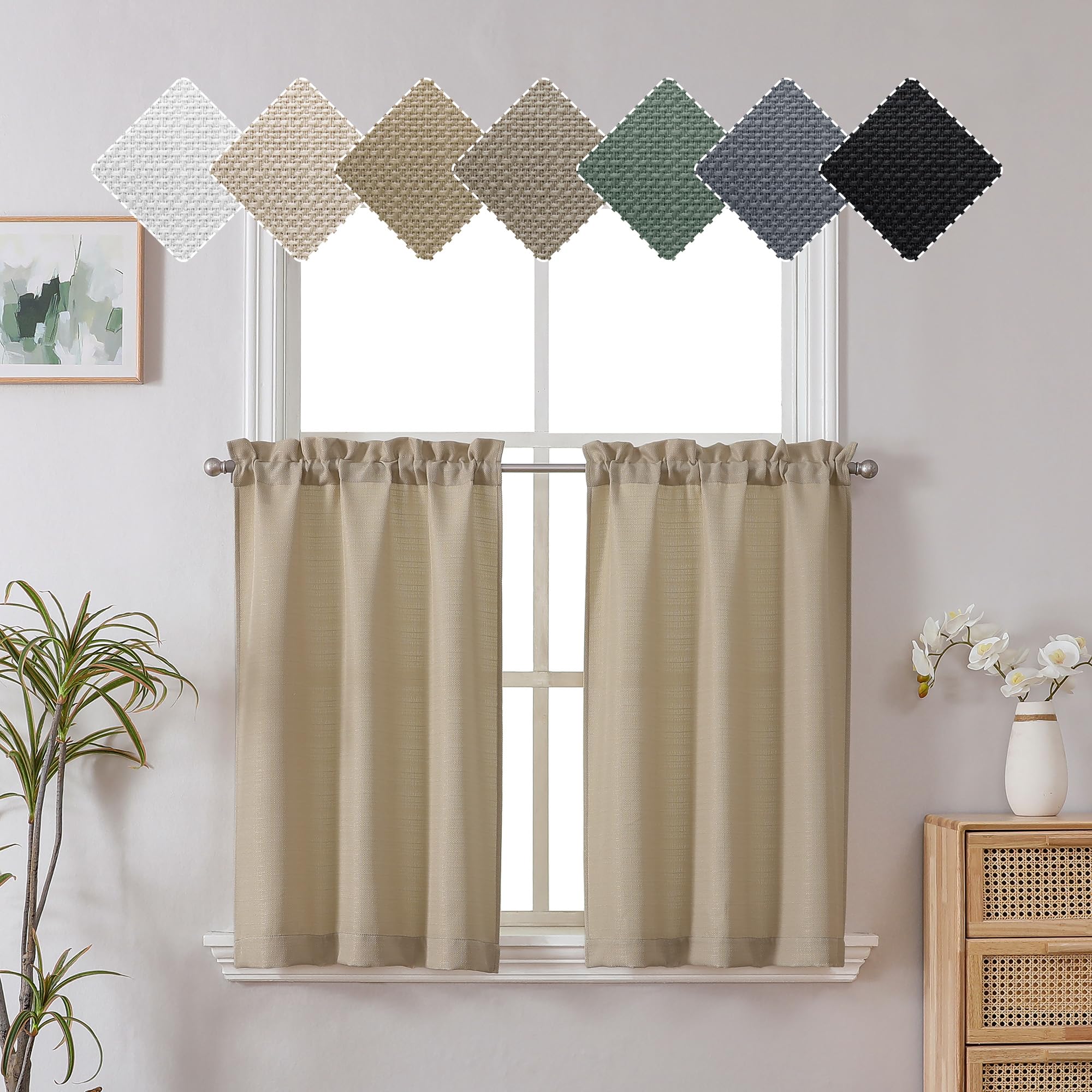 Chyhomenyc 2 Panels Camel Kitchen Curtains 36 Inch Length Tier Curtains, Faux Linen Textured Small Cafe Curtains, Light Filtering Short Window Curtains for Bathroom Basement, Each 30x36 inch