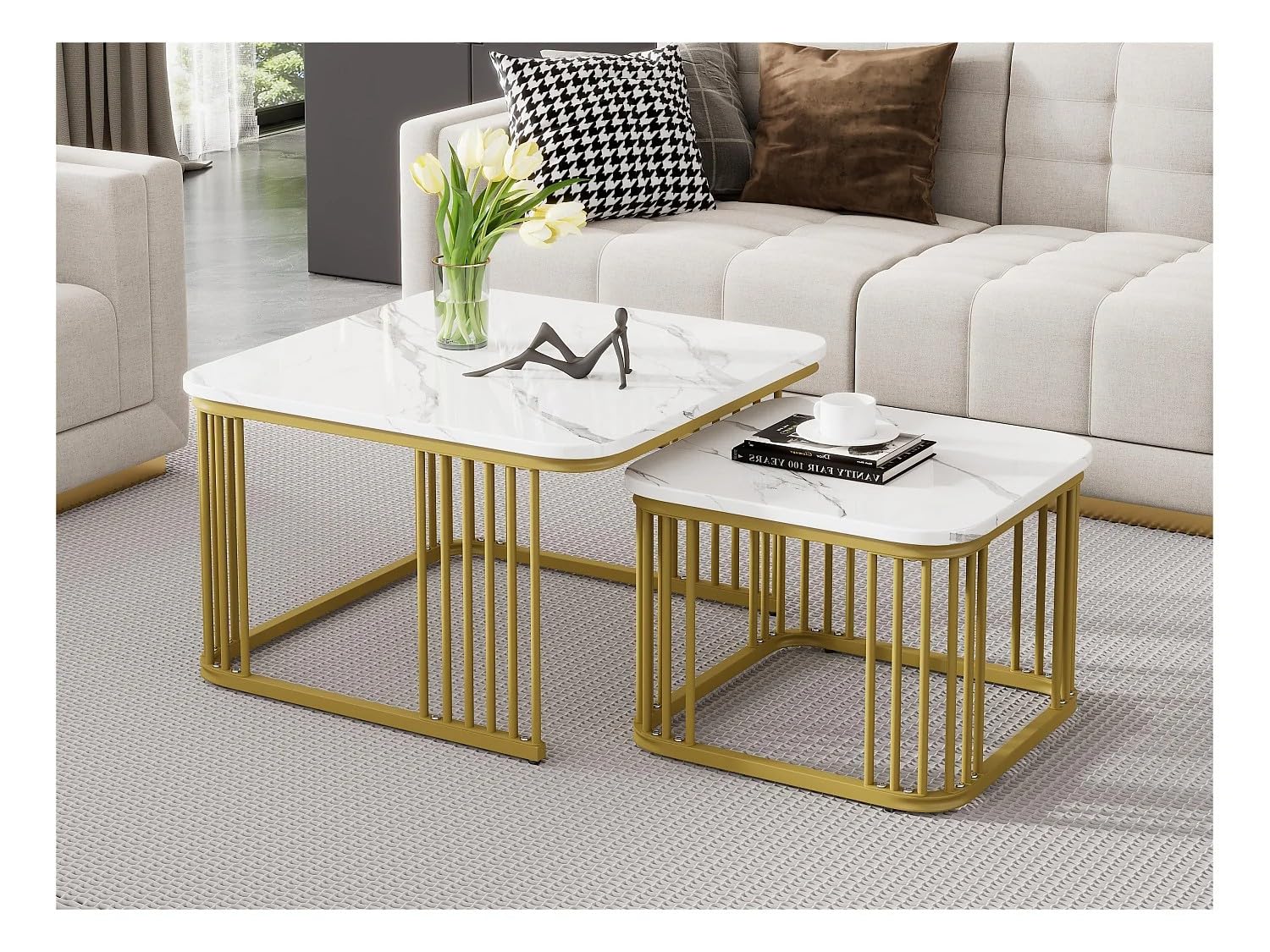 BLISS HOME DECOR Coffee Table for Living Room, Metal-Framed Cocktail Table, Nestled Tea Table, Stylish Side Table, and Two-Piece Marble-Look Coffee Table Set (White Gold)-image-13