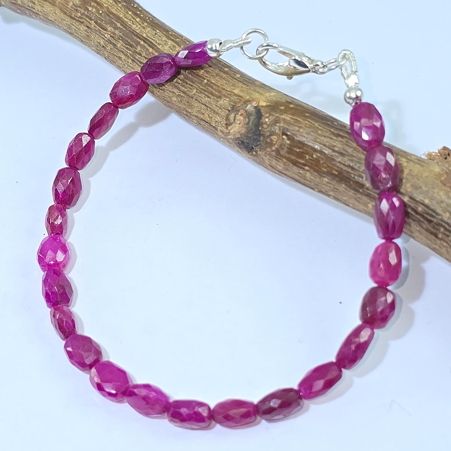LKBEADS Natural ruby gemstone 7x5-8x6mm stacking bracelet | 7 inch | pink color, oval shape, faceted cut, stone | with silver plated clasp | handmade jewellry |LK_ESK_00225