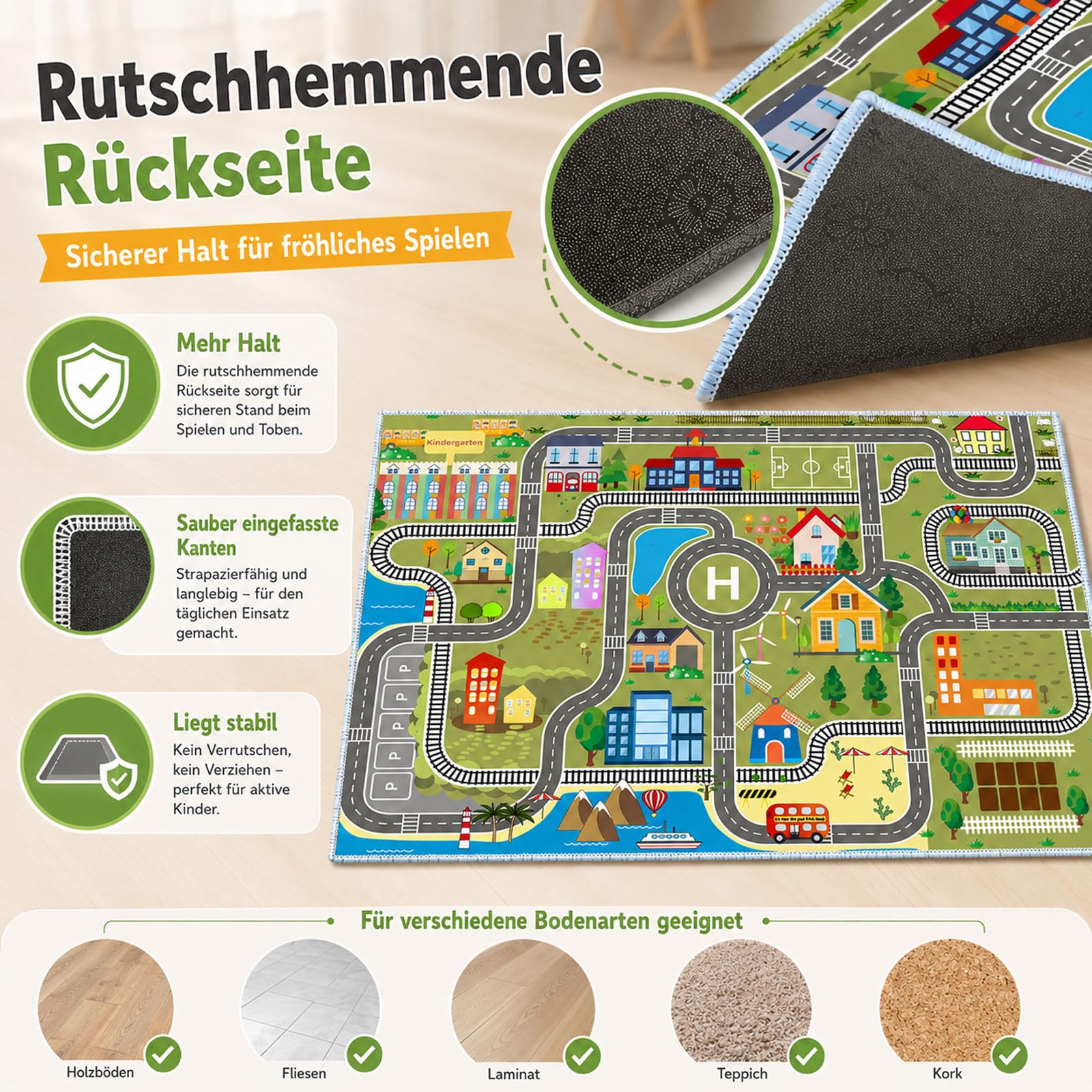 Kinder spielteppich Auto Jungen & Mädchen Teppich Straßenteppich Bauteppich Stadtstadt Lernbereich Teppich Pädagogischer Antirutsch für Kinderzimmer Grau Blau Grün(B,120X180CM)
