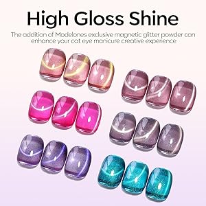 modelones Cat Eye Gel Nail Polish Set, 6 Colors Summer Neon Galaxy Champagne Hot Pink Lake Blue Grape Purple Gold Brown 9D Glassy Cat Eye Glitter Gel Polish with Magnet Led Soak Off LGBT Unisex Gift