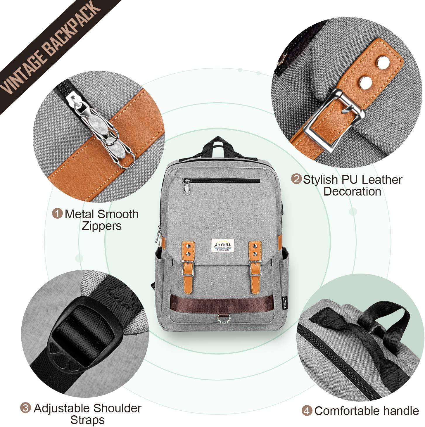Tор Brаndѕ College Vintage Backpack Fashion 15.6 Laptop Rucksack with USB Charging (Gray)