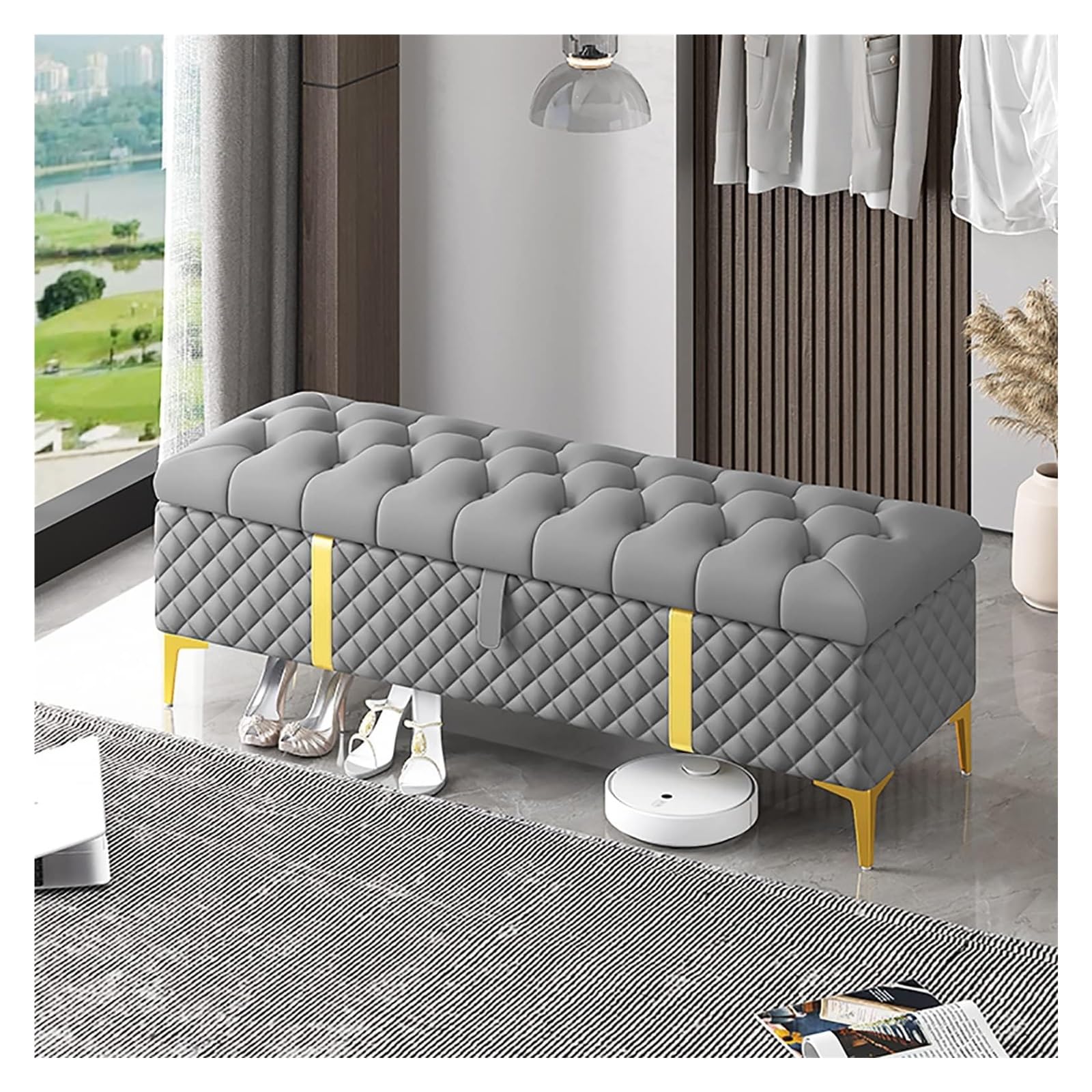 Coffre de rangement pour chambre en cuir noir et métal doré