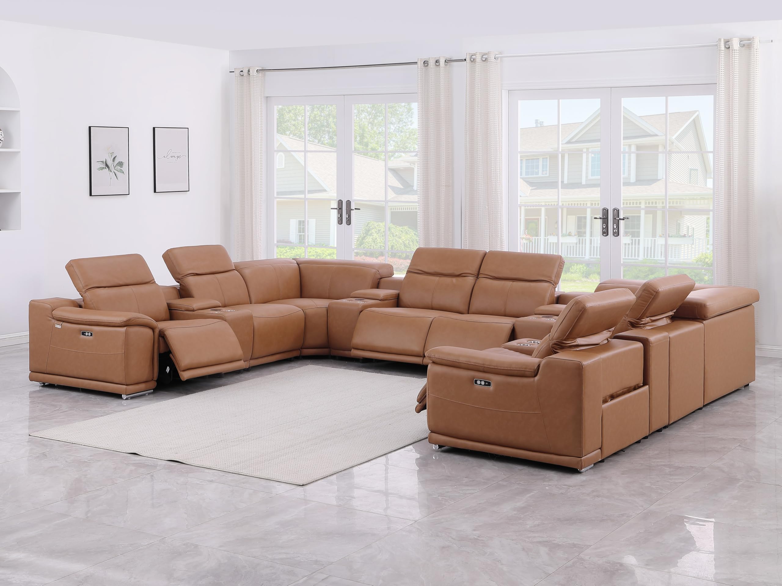 BlackJack Furniture Venice 12-Piece Top Grain Italian Leather Sectional Reclining Sofa Set with 4 Power Recliners, Adjustable Headrests, USB, Wireless Phone Charger &amp; Console Storage, Cognac