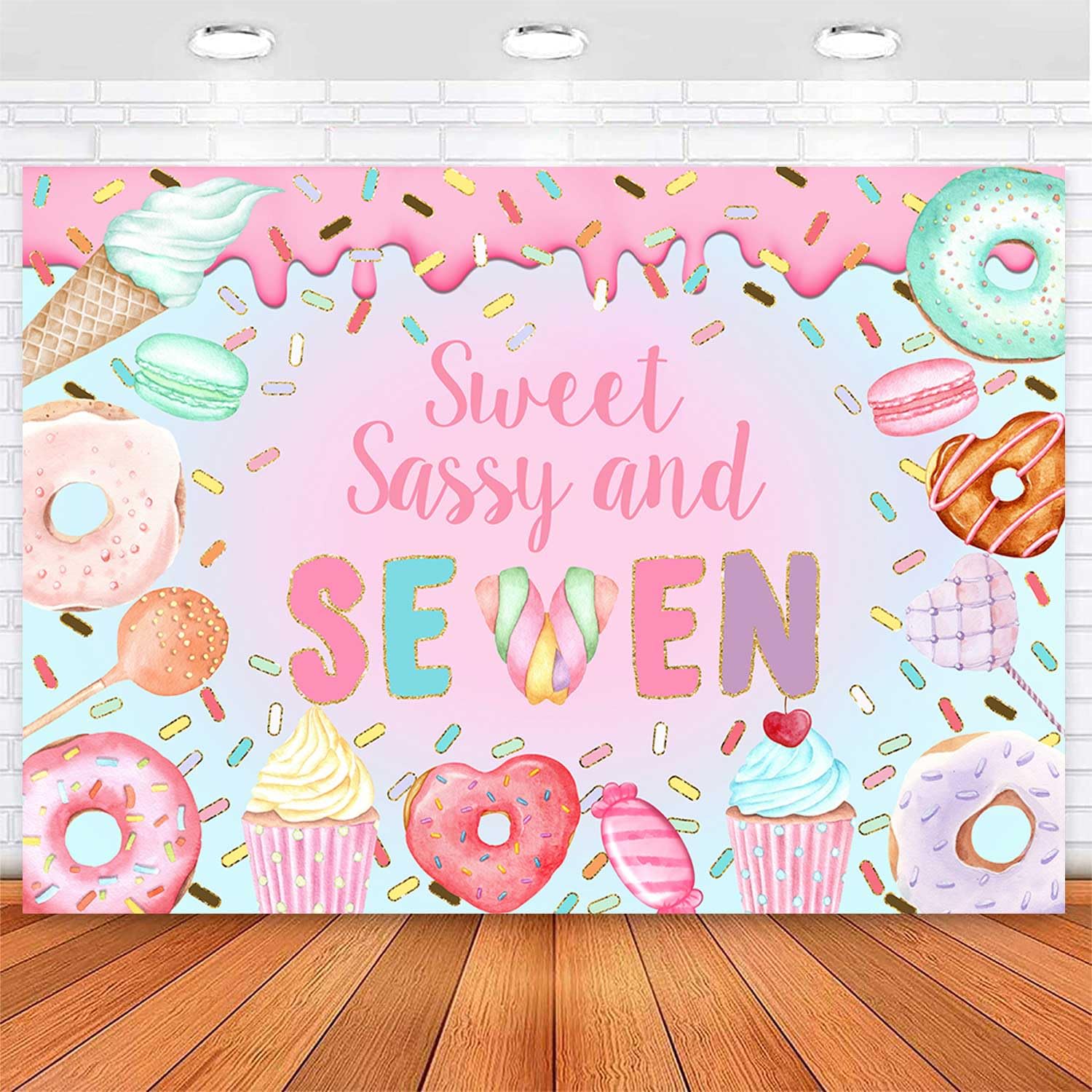 Sensfun Donut 7th Birthday Backdrop Sweet Sassy and Seven Girls Birthday Decorations Pastel Donut Ice Cream Sweet Seven Birthday Party Banner Supplies