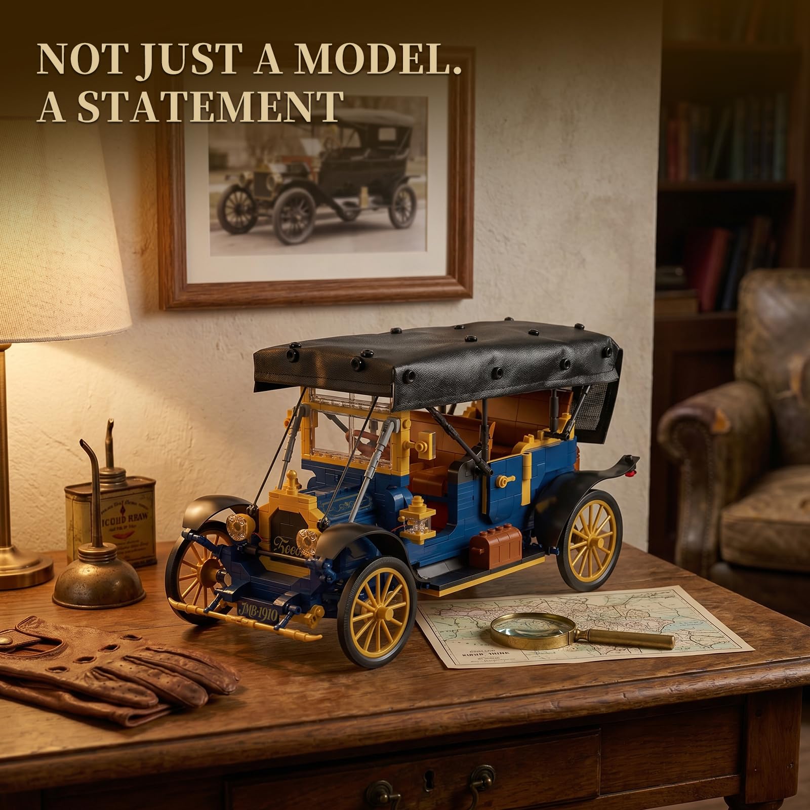 JMBricklayer Maquetas de Coches Antiguos con Luces para Adultos, Techo Plegable de Piel Sintética, 50003 Juguete de Construcción Regalo para Fans de Autos Clásicos