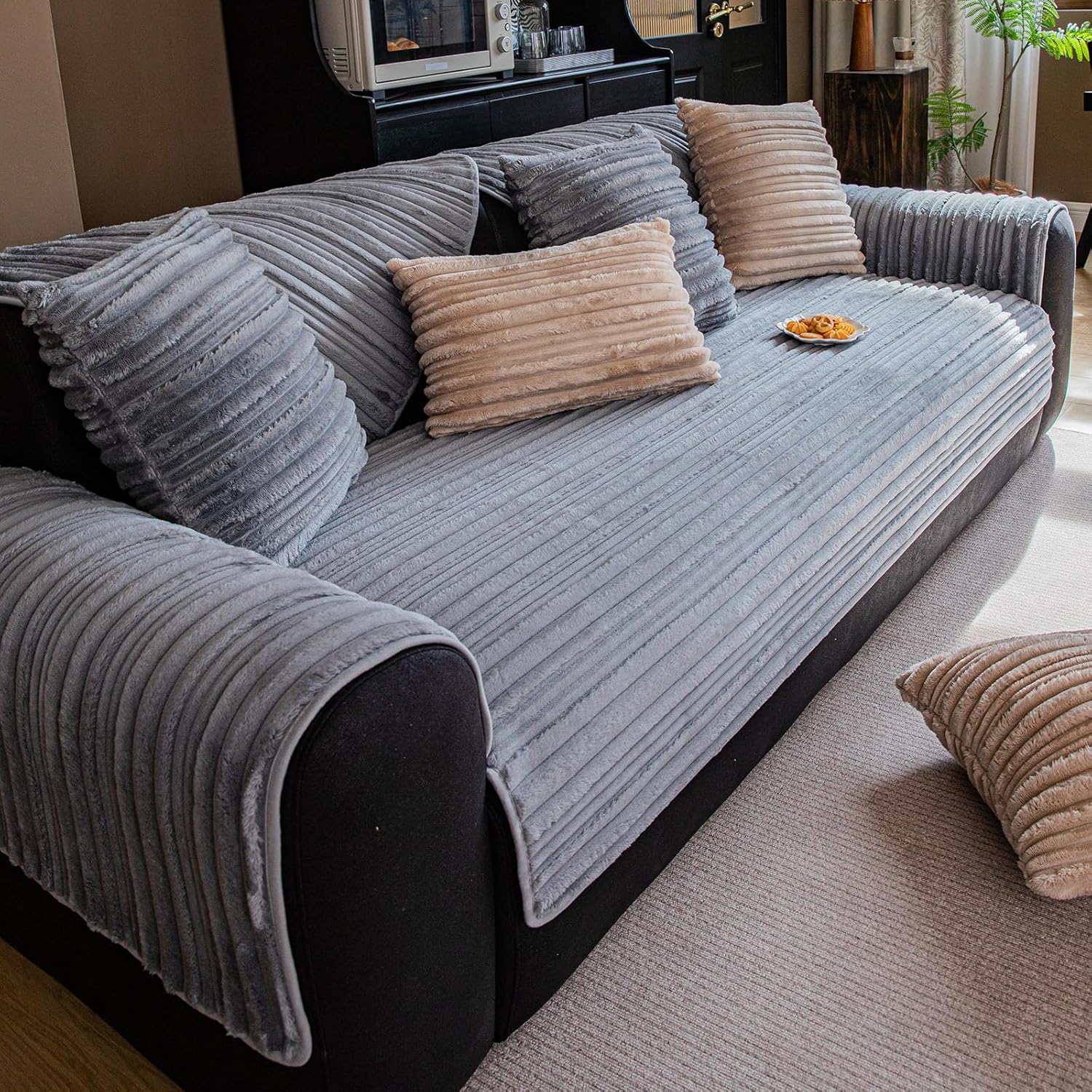 vctops 3D Stripe Faux Fur Sofa Cover Super Soft Non Slip Sectional Couch Cover Luxury Modern Thick Fluffy Fuzzy Sofa Slipcover Furniture Protector for Dogs Cats Pet (Light Grey,28"x82")