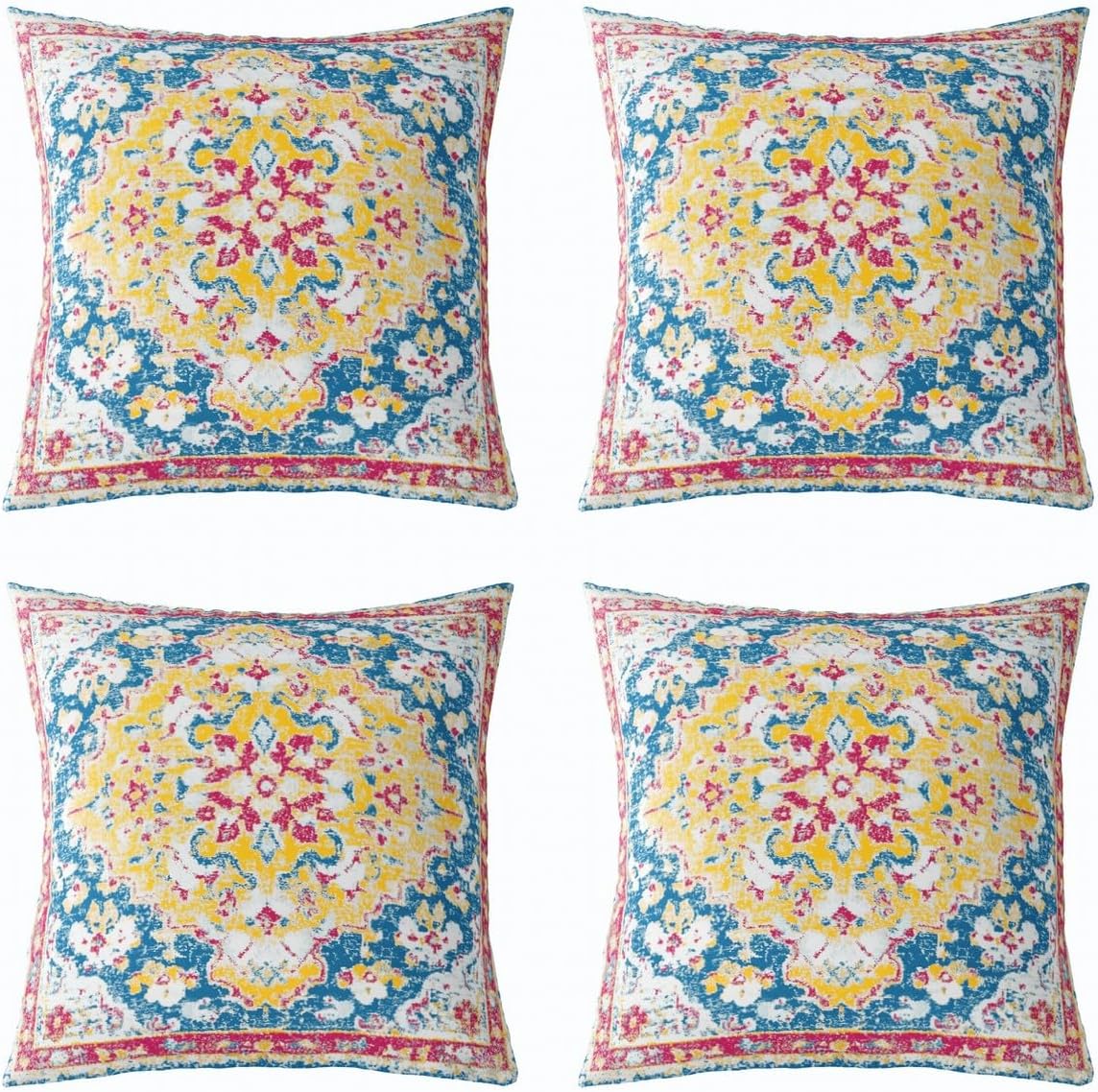 Pack of 4 Ethnic Floral Throw Pillow Covers 18x18, Boho Retro Pillow Covers, Vintage Floral Exotic Cushion Covers For Adults, Yellow Blue Red Bohemian Exotic Reversible Decorative Square Pillow Cases