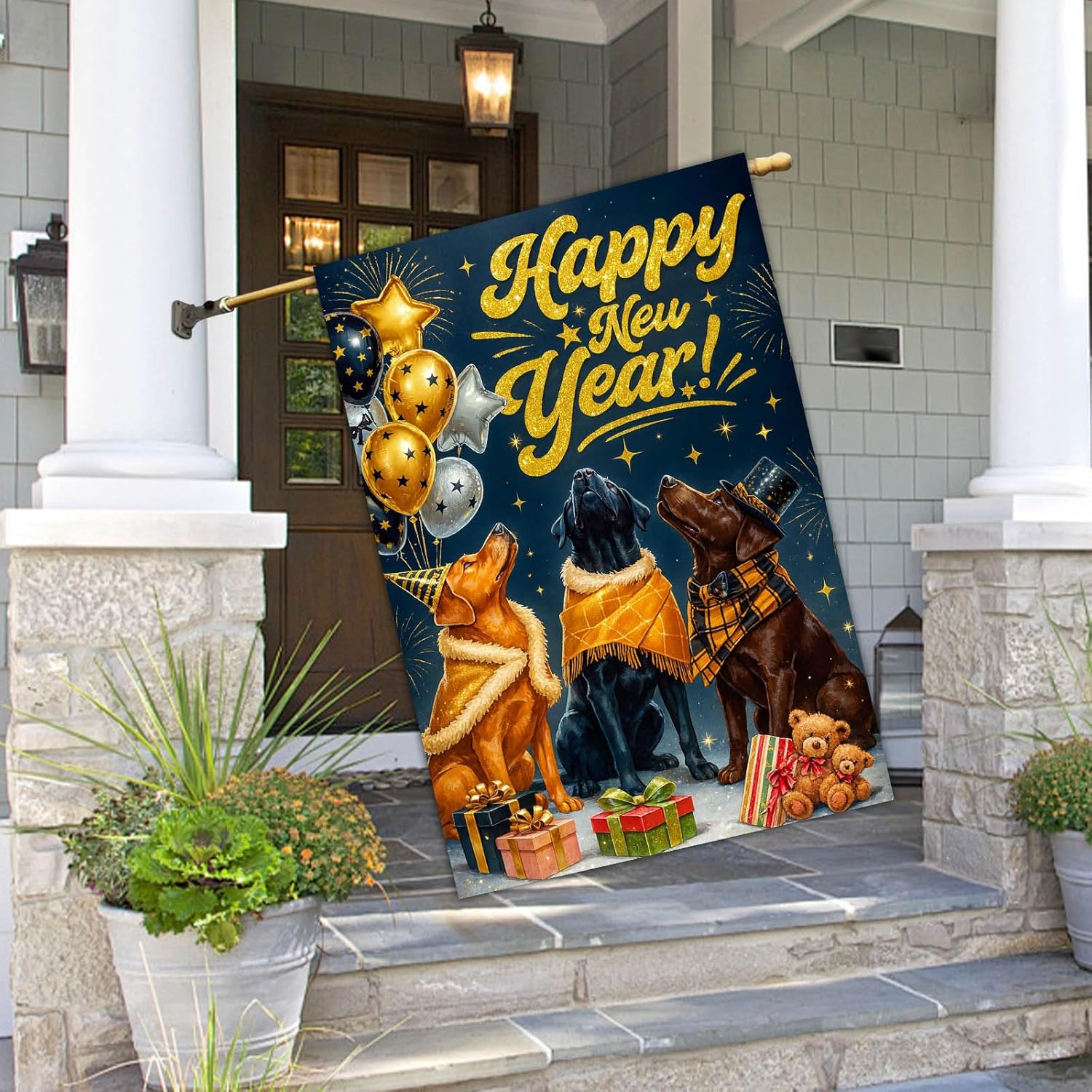 Happy New Year House Flag 28x40 Inch Double Sided Garden Flag Dogs Balloons Gifts and Fireworks Design Winter Holiday Yard Banner Large Outdoor Polyester Flag for Porch Lawn Home Decoration - Image 5