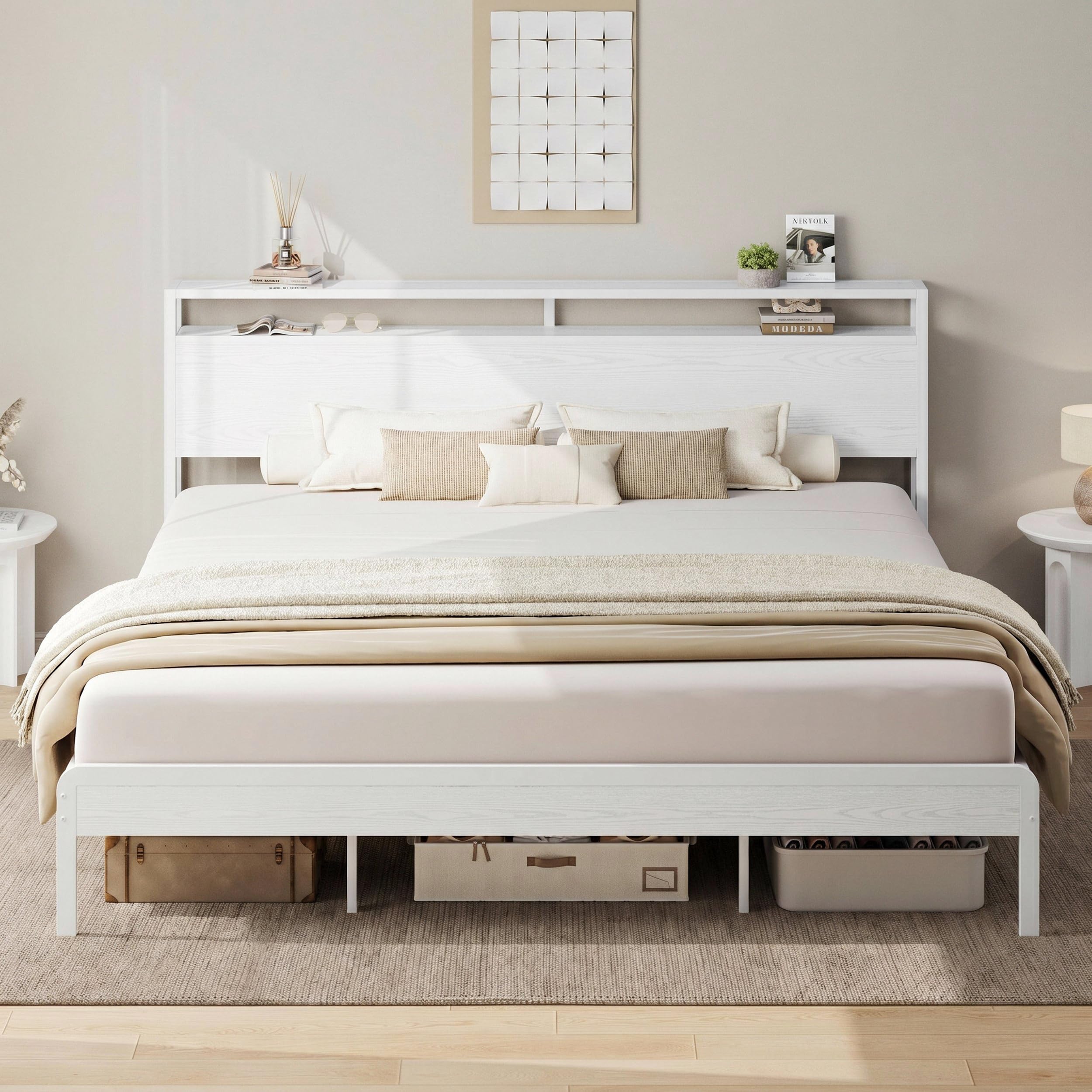 LIKIMIO California King Bed Frames with 2-Tier Storage Shelf Headboard