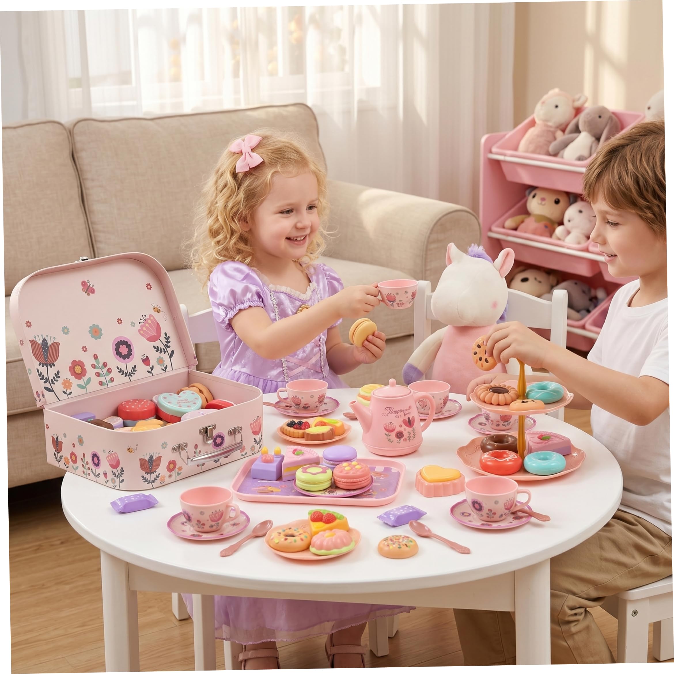 Service à thé Jouet, 42 pièces, Ensemble de thé pour Enfants, Filles avec des Motifs Arc-en-Ciel, Jouet de Simulation en Plastique sûr avec boîte Transport, à partir 3 Ans